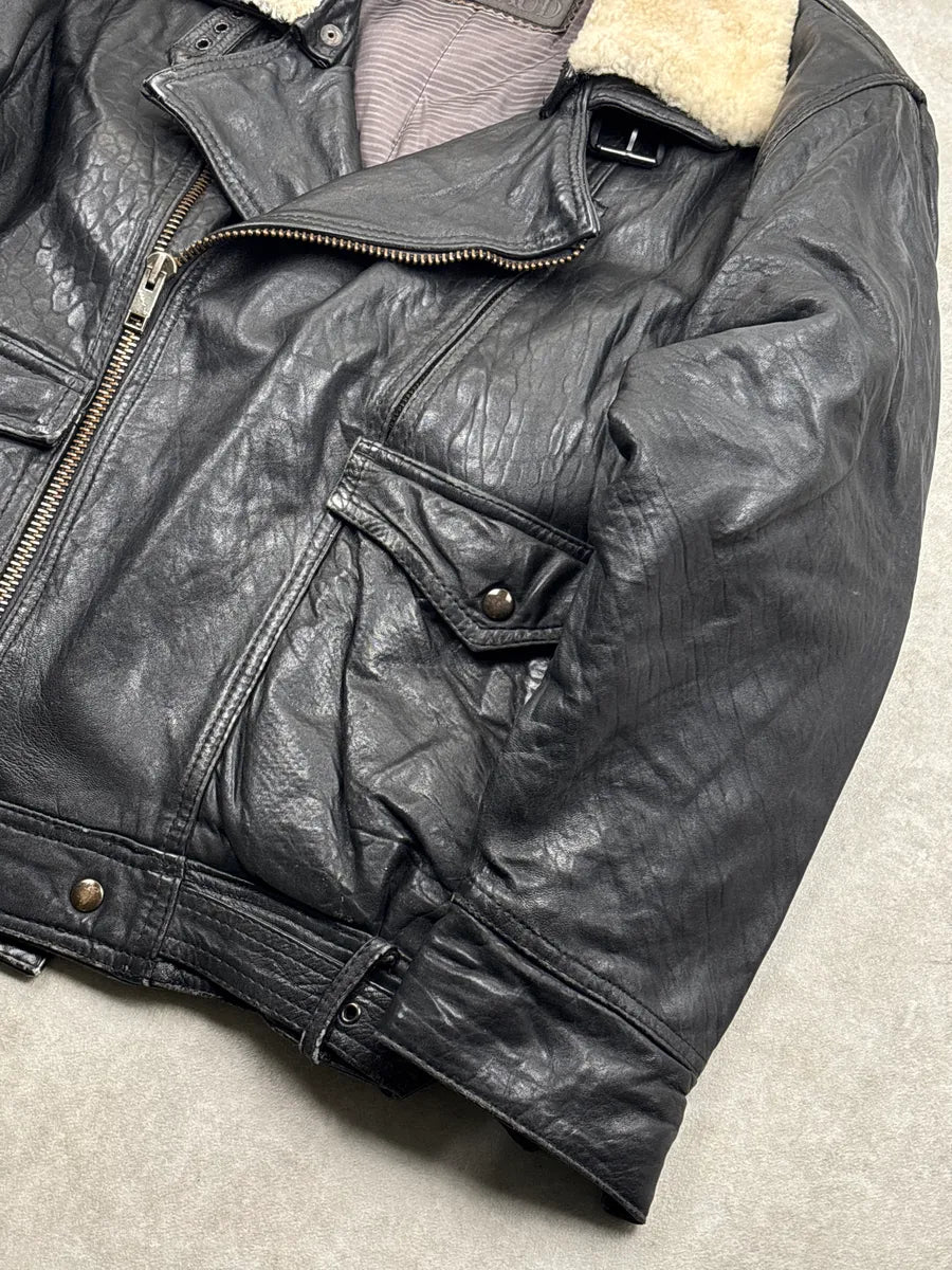 1980s Marithé + François Girbaud Black Leather Shearling Collar Biker Leather Jacket BtJlmNhs 5