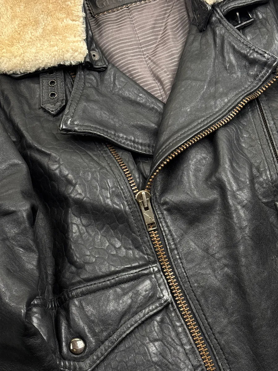 1980s Marithé + François Girbaud Black Leather Shearling Collar Biker Leather Jacket BtJlmNhs 6