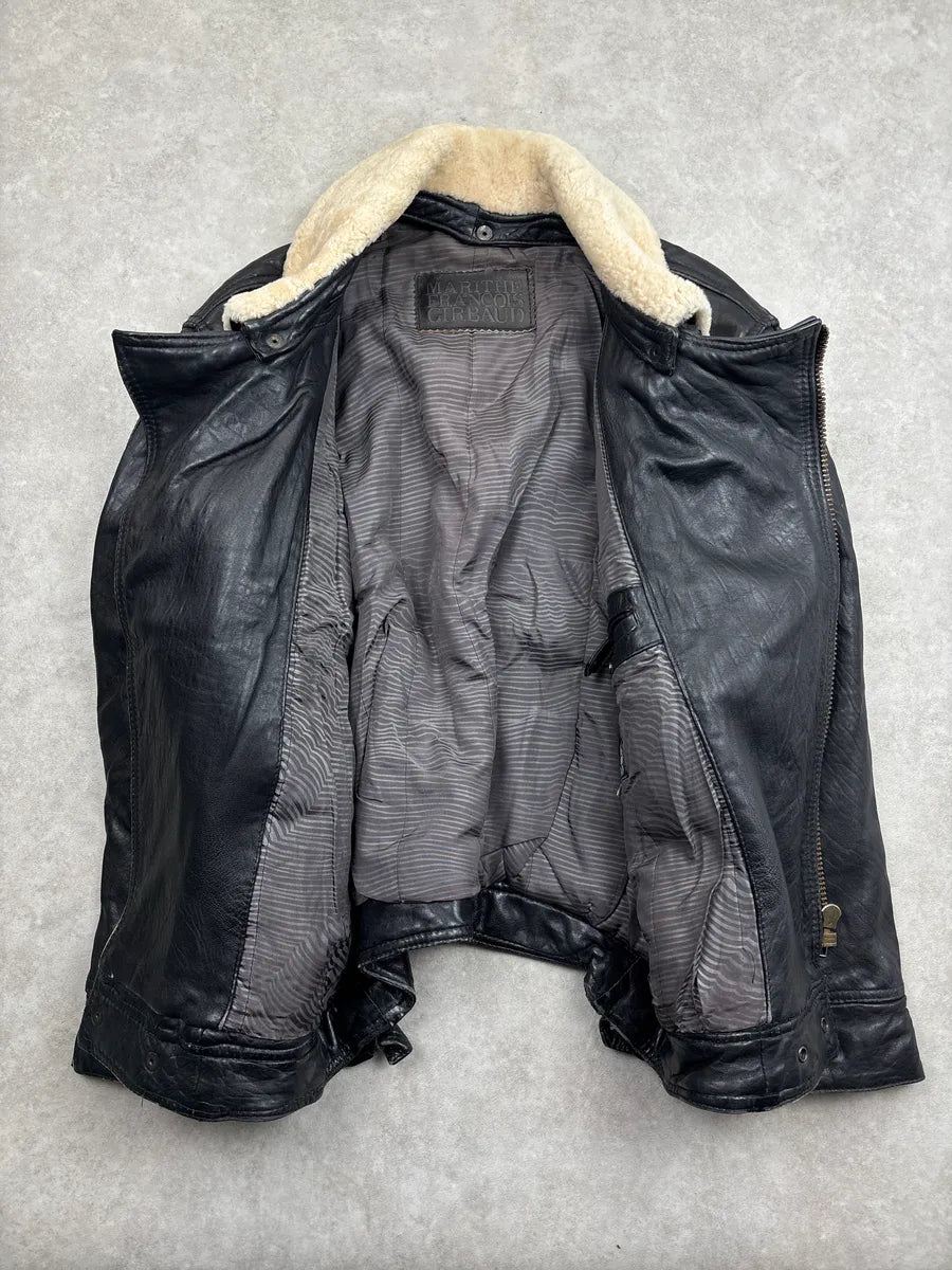 1980s Marithé + François Girbaud Black Leather Shearling Collar Biker Leather Jacket BtJlmNhs 3