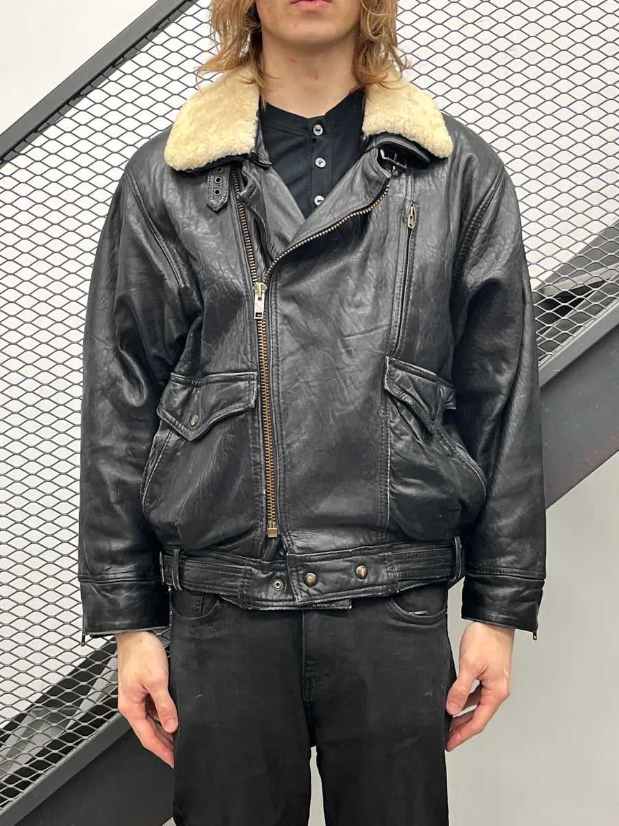 1980s Marithé + François Girbaud Black Leather Shearling Collar Biker Leather Jacket BtJlmNhs 1