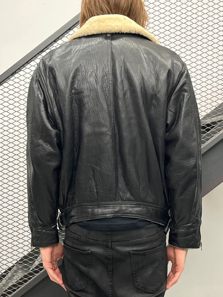 1980s Marithé + François Girbaud Black Leather Shearling Collar Biker Leather Jacket BtJlmNhs 2