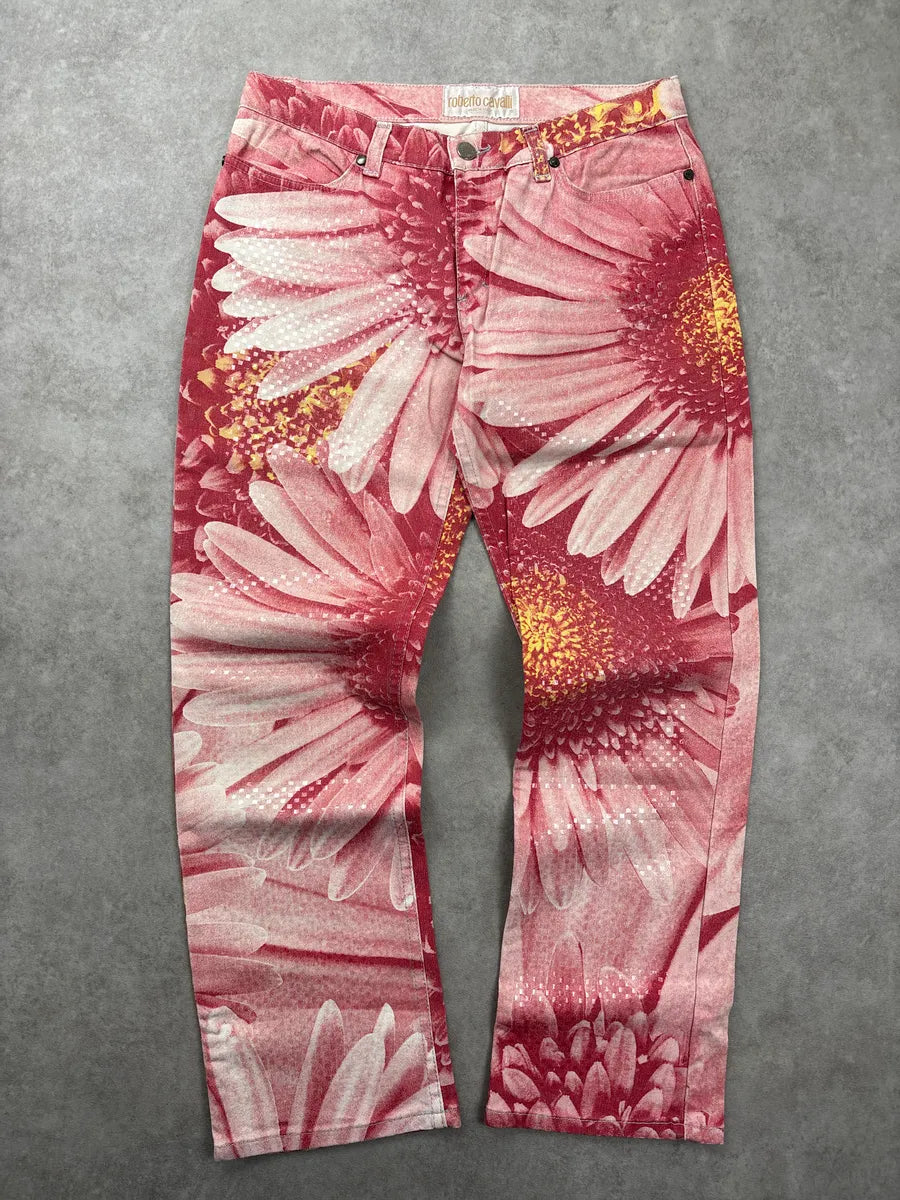 2000s Roberto Cavalli Pink Floral Tournesol Pants BvxQQkeI 0