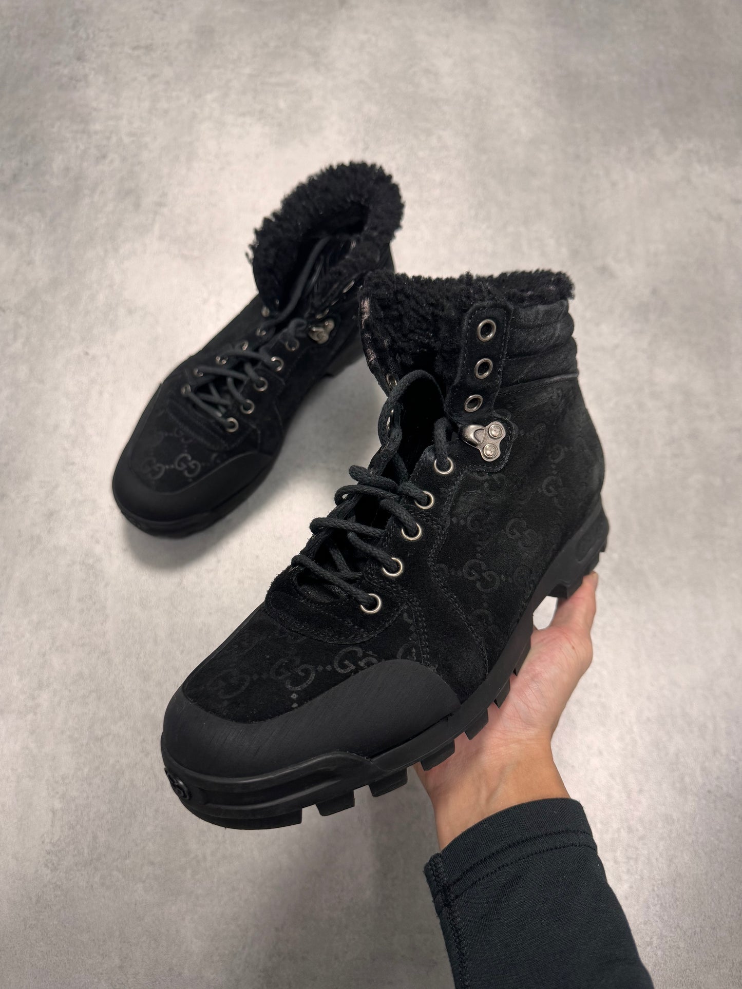 Gucci Monogram Black Suede Leather Hiking Boots (40eu/us7)