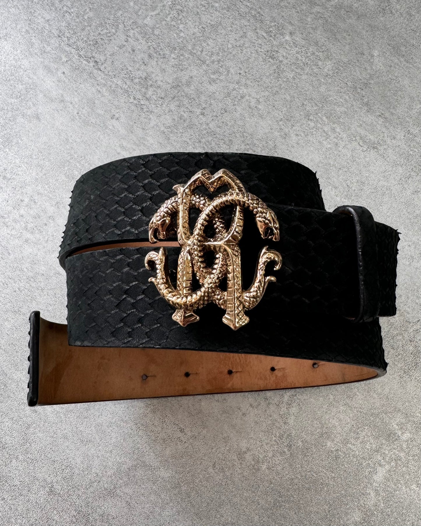 Roberto Cavalli Golden Snake Buckle Dark Navy Leather Belt (OS)