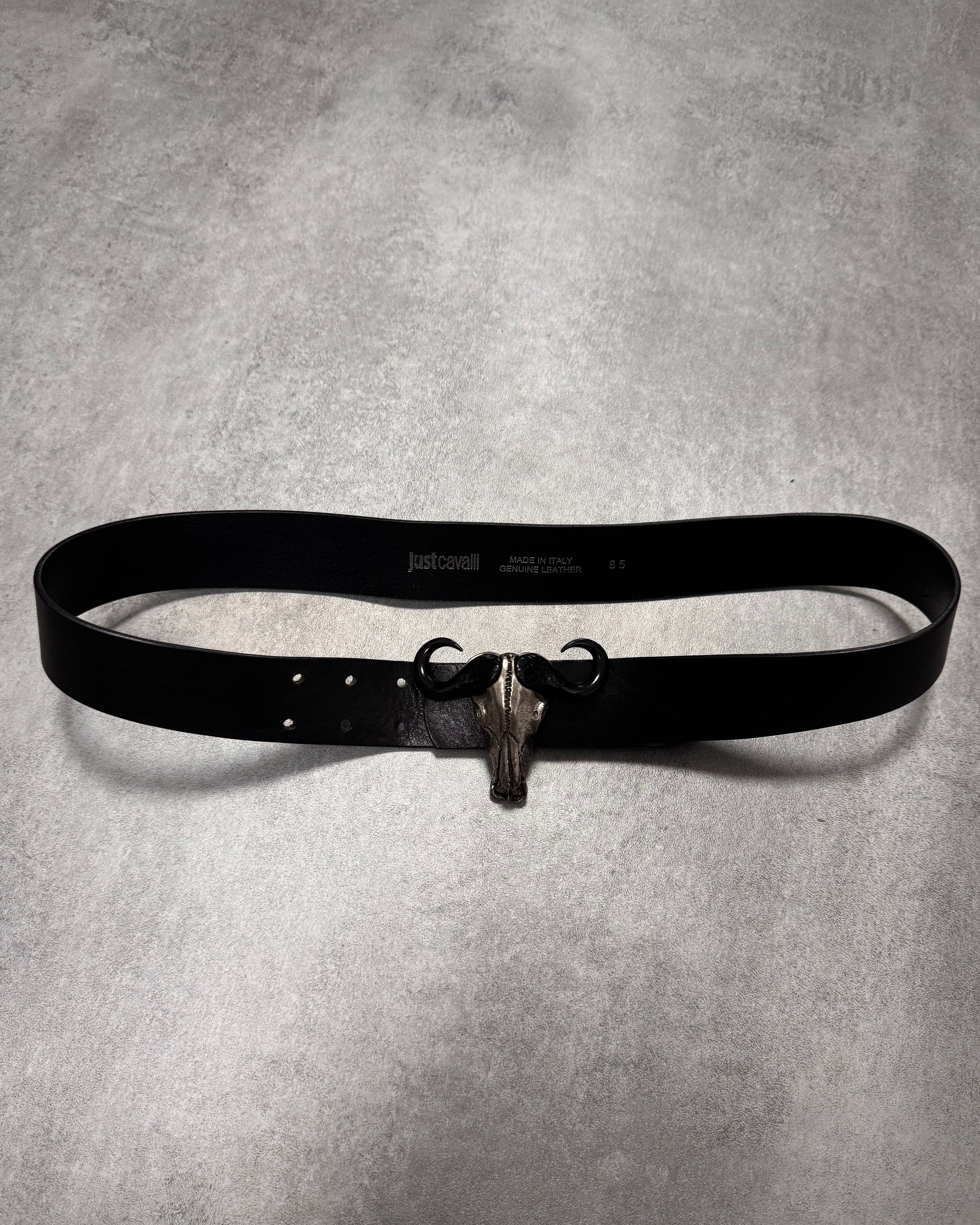 Cavalli Bull Skull Buckle Leather Belt