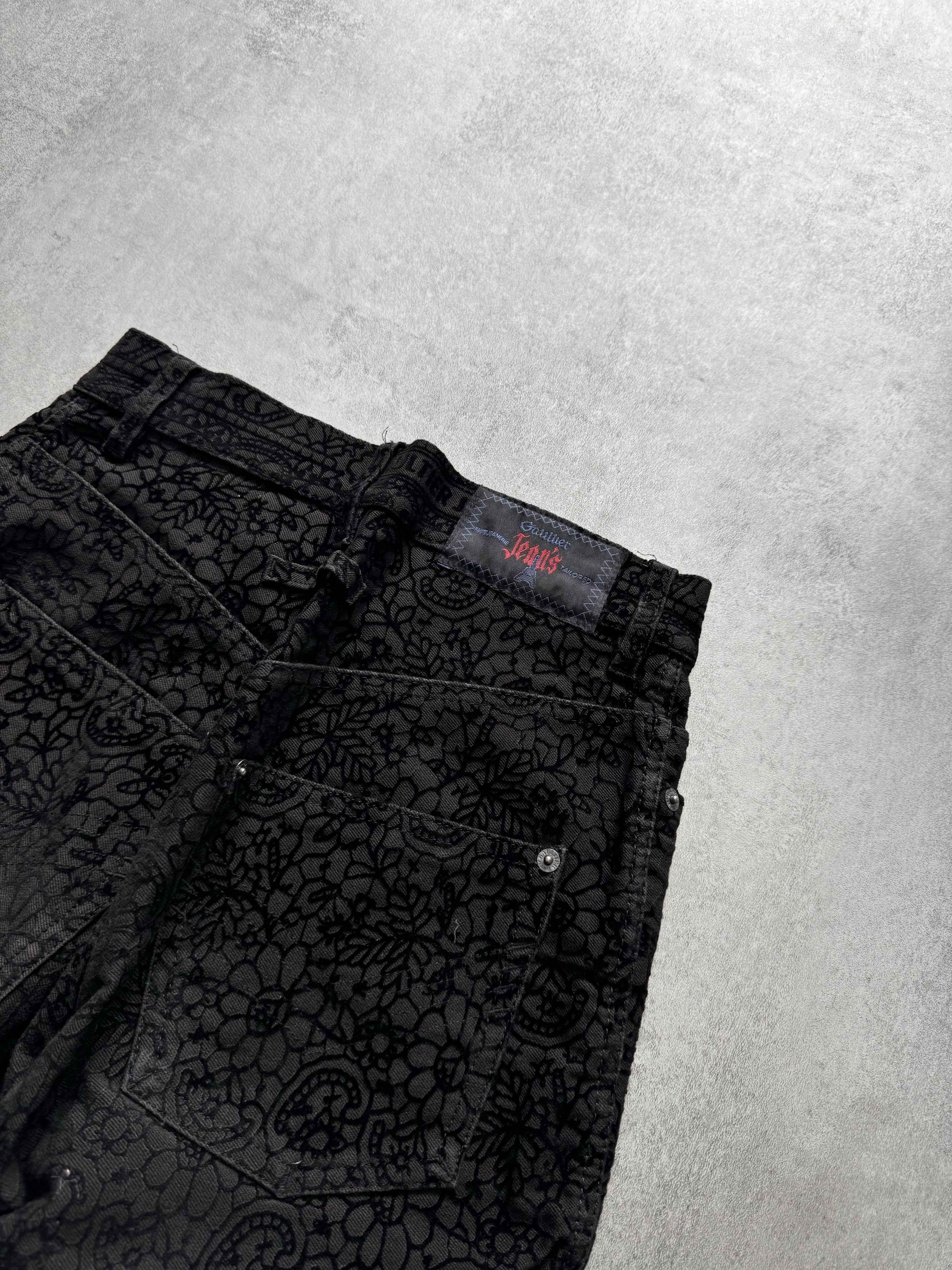 1990s Jean Paul Gaultier Glamour Velvet Black Denim Pants