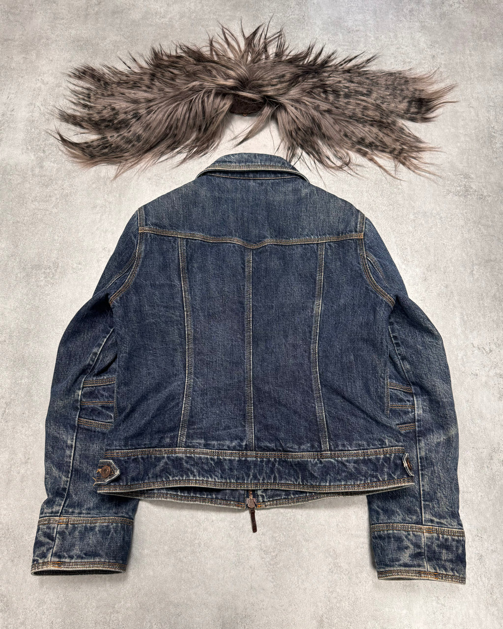Moschino Astro Fur Biker Faded Denim Jacket (XS/S)