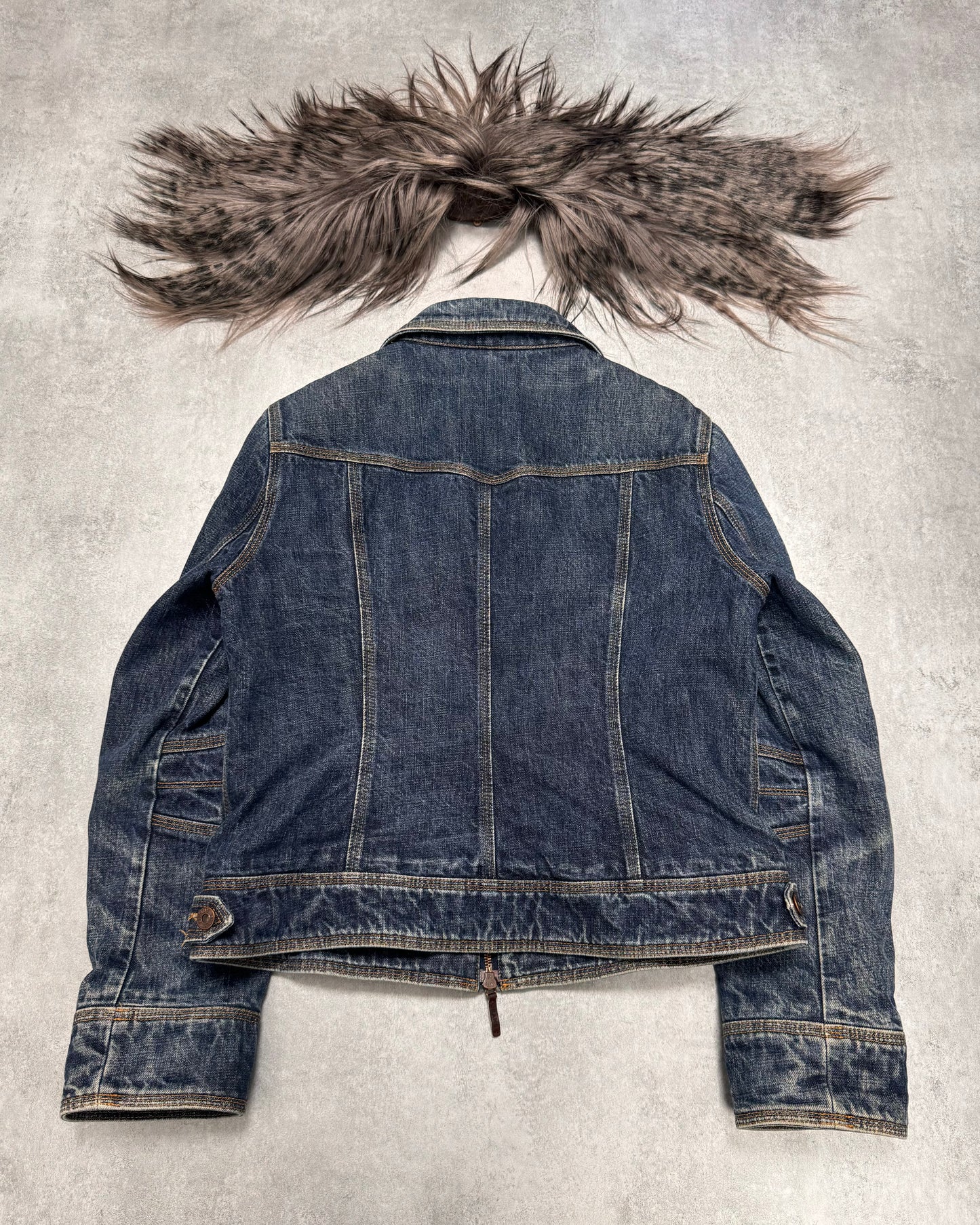 Moschino Astro Fur Biker Faded Denim Jacket (XS/S)