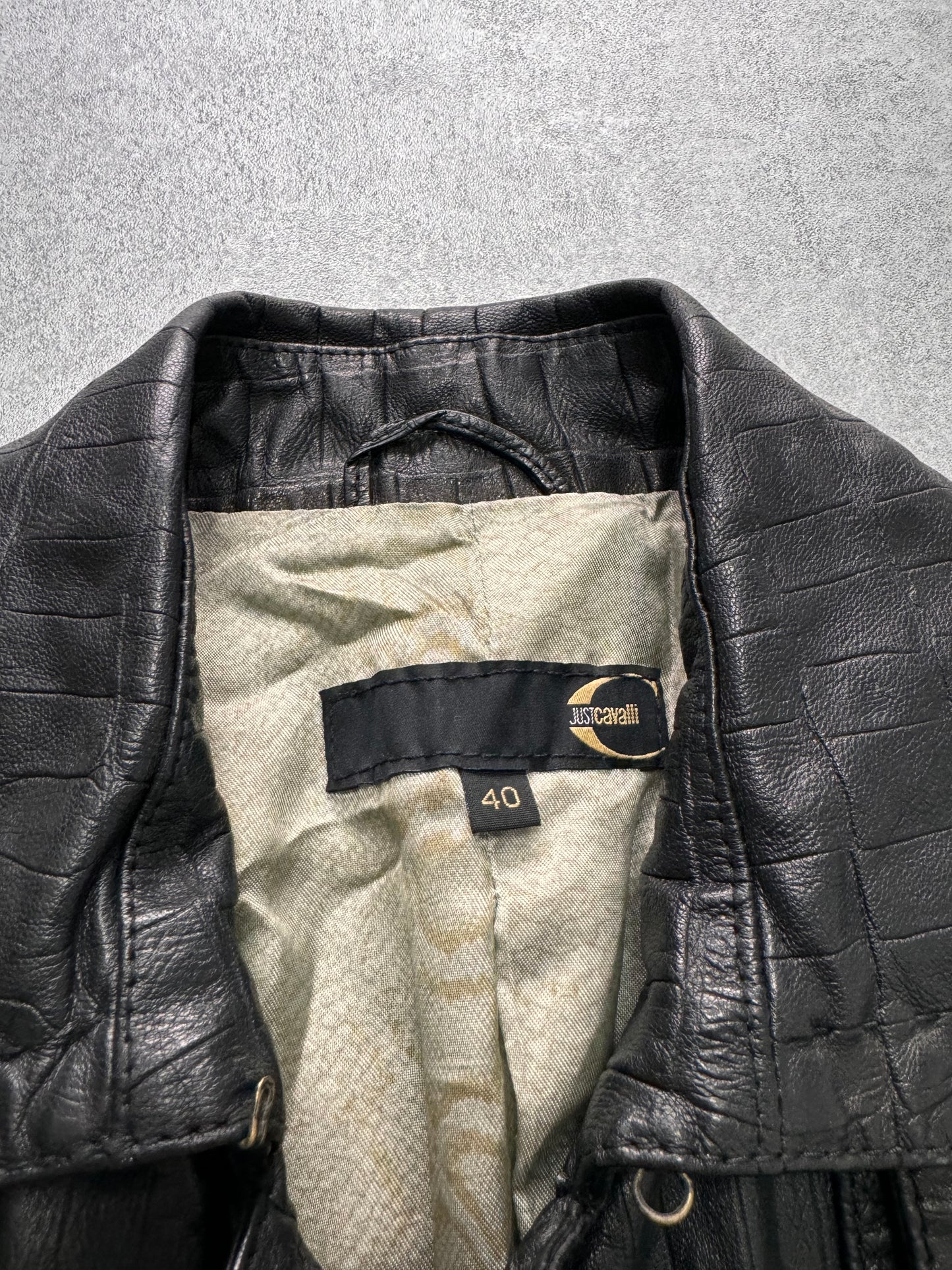 2000s Just Cavalli Crococile Effect Leather Trench Jacket (XS/S)