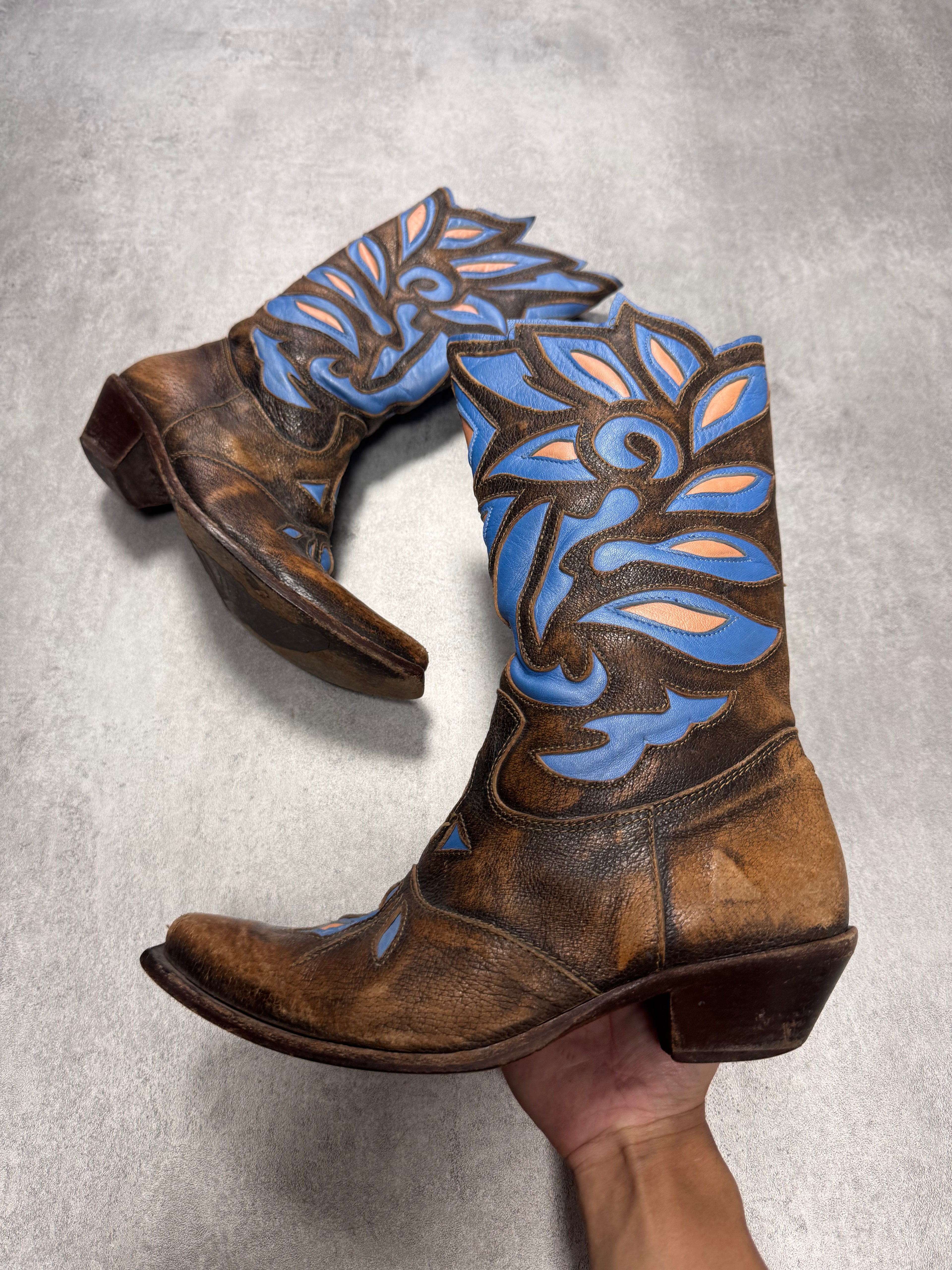 Roberto Cavalli Santiag Blue Fantasy Faded Leather Boots