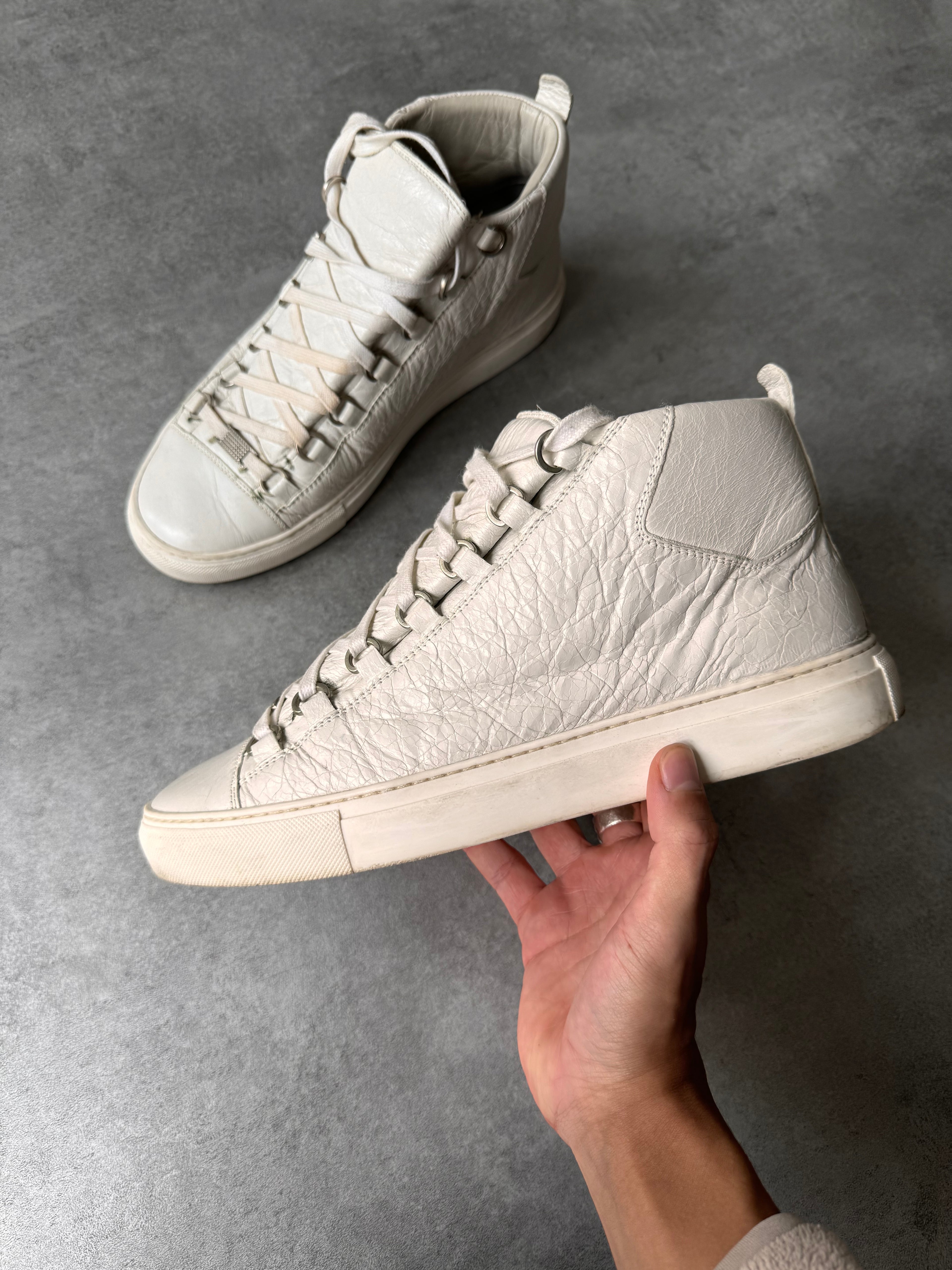 Balenciaga Arena High White Cracked Leather Sneakers
