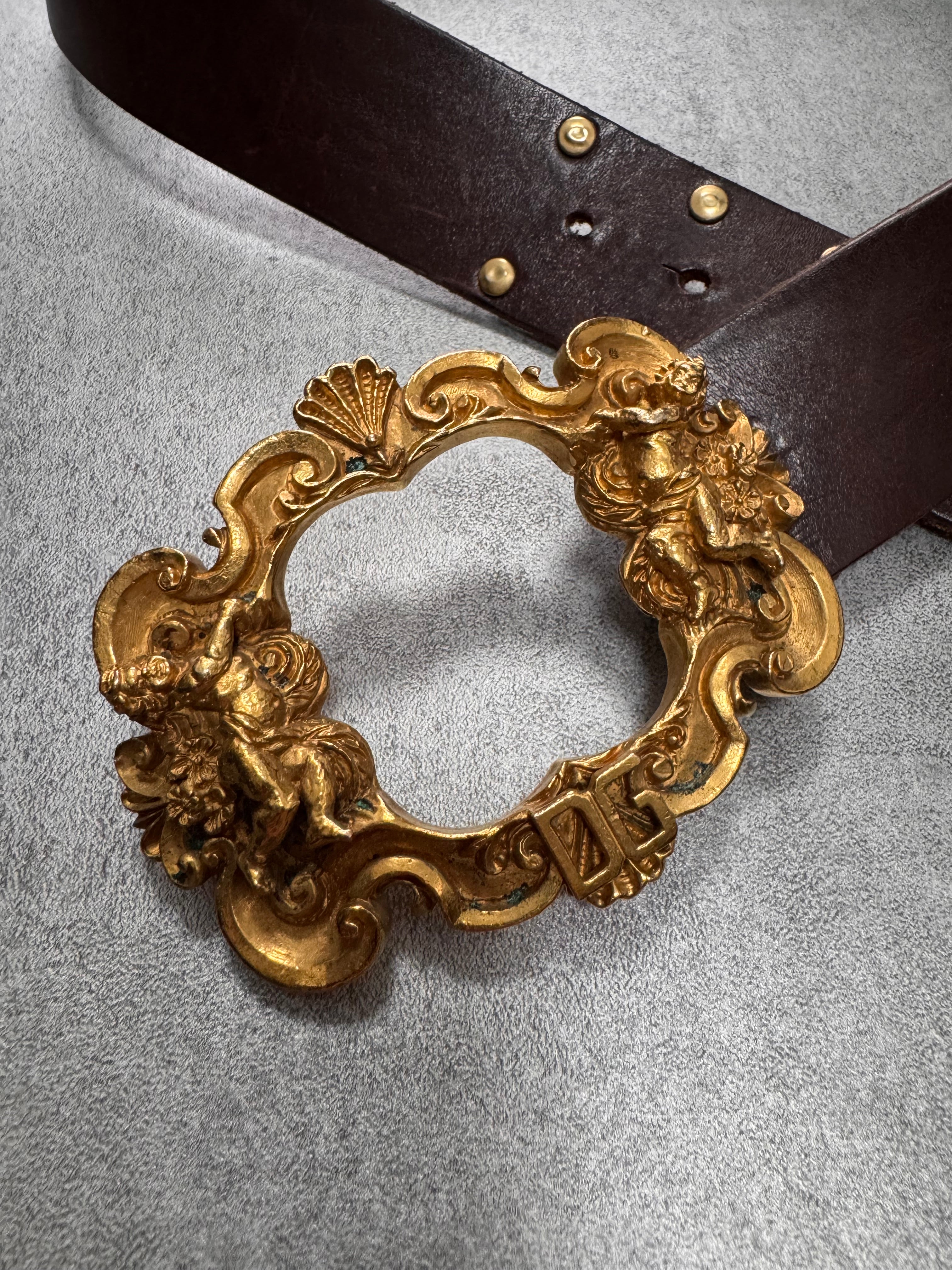 2000s Dolce & Gabbana Golden Ornement Buckle Brown Leather Belt