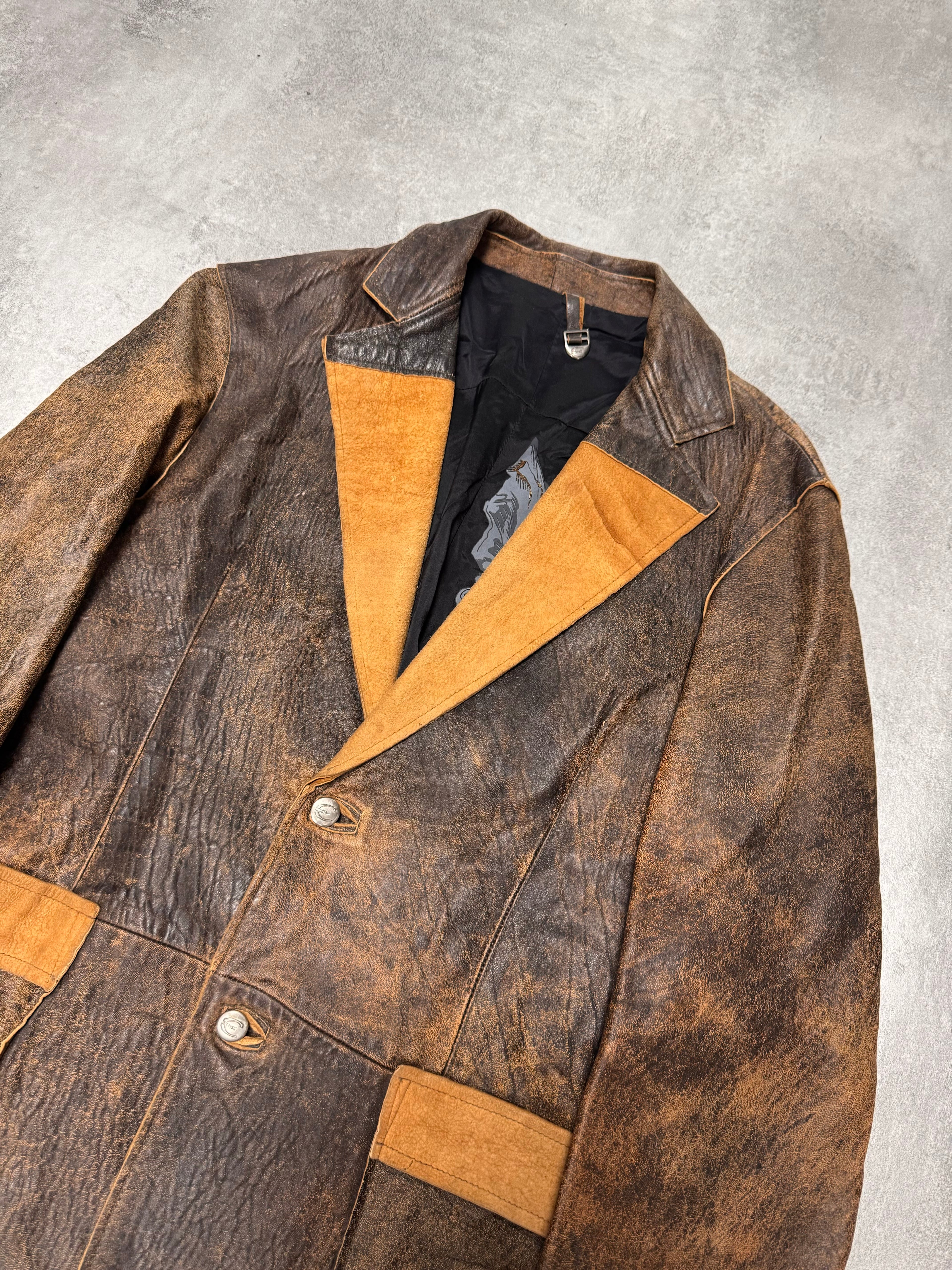 2000s Cavalli Raw Brown Leather Suit Jacket