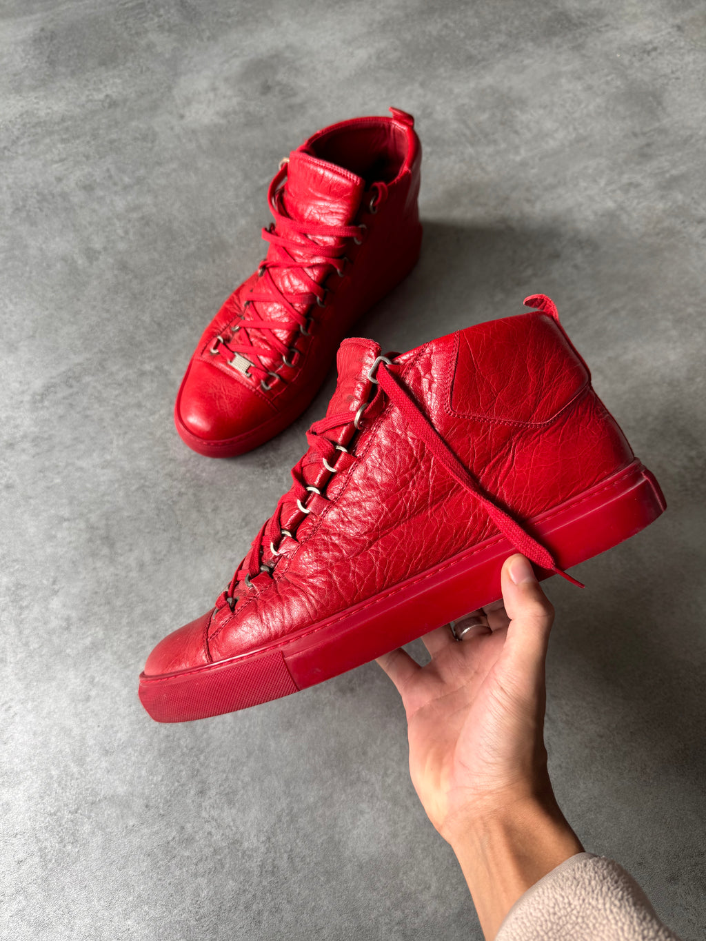 Balenciaga Arena High Red Cracked Leather Sneakers