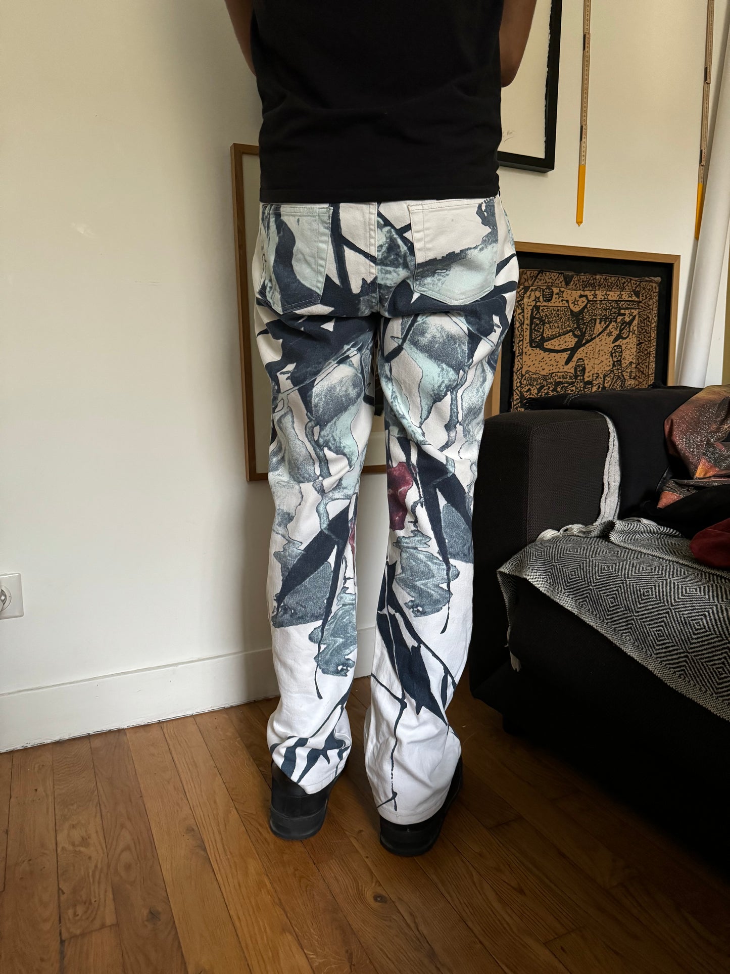 2000s Cavalli White Floral Spectrum Relaxed Straight Pants (S/M)