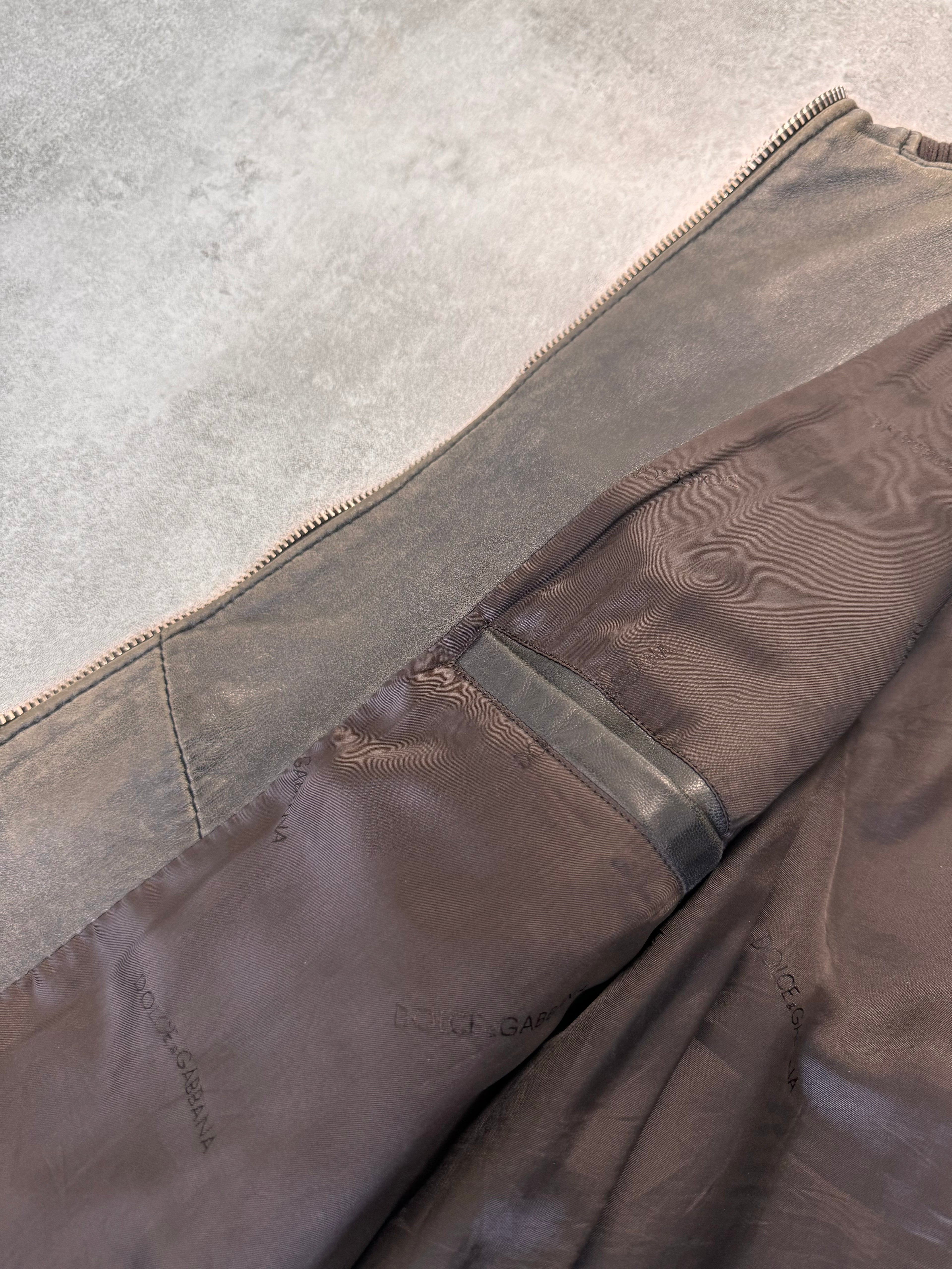 2000s Dolce & Gabbana Multi-Zip Green Brown Faded Leather Jacket