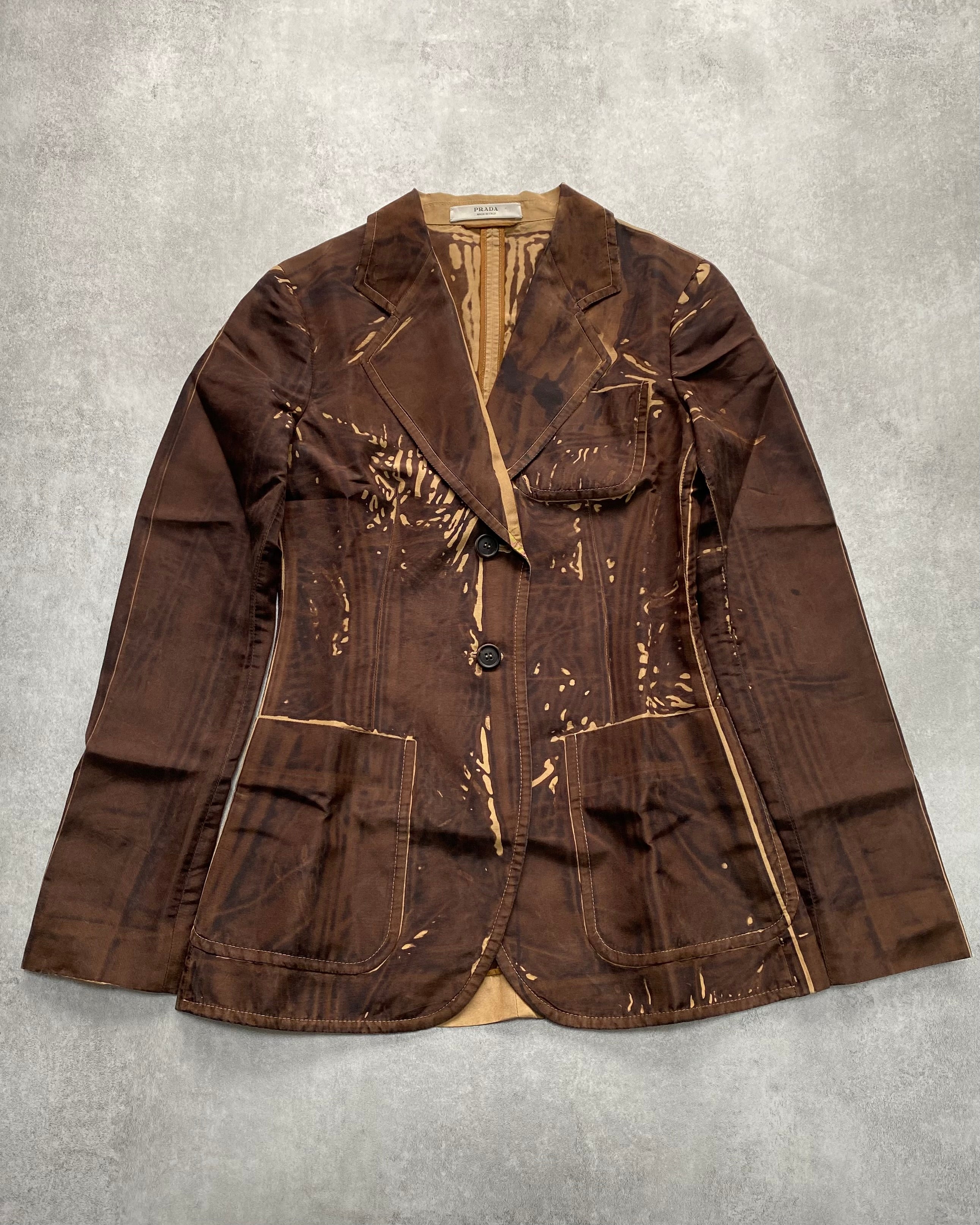 SS2005 Prada Brown Tan Screen Overprint Silk Blazer