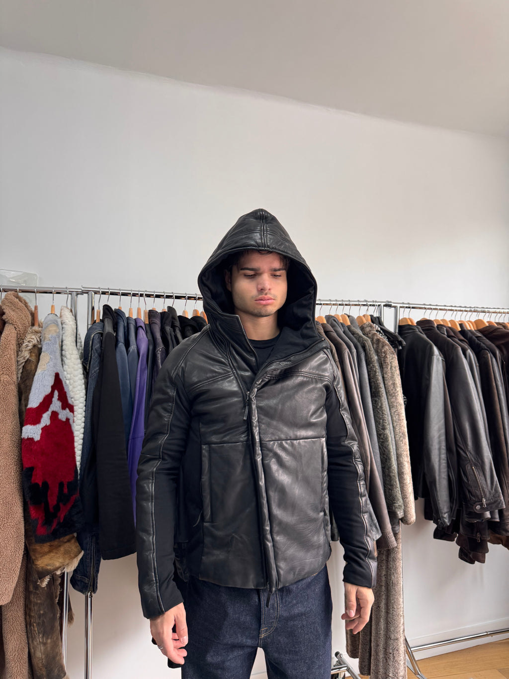 FW2012 Emporio Armani Ninja Asymmetrical Leather Hooded Coat