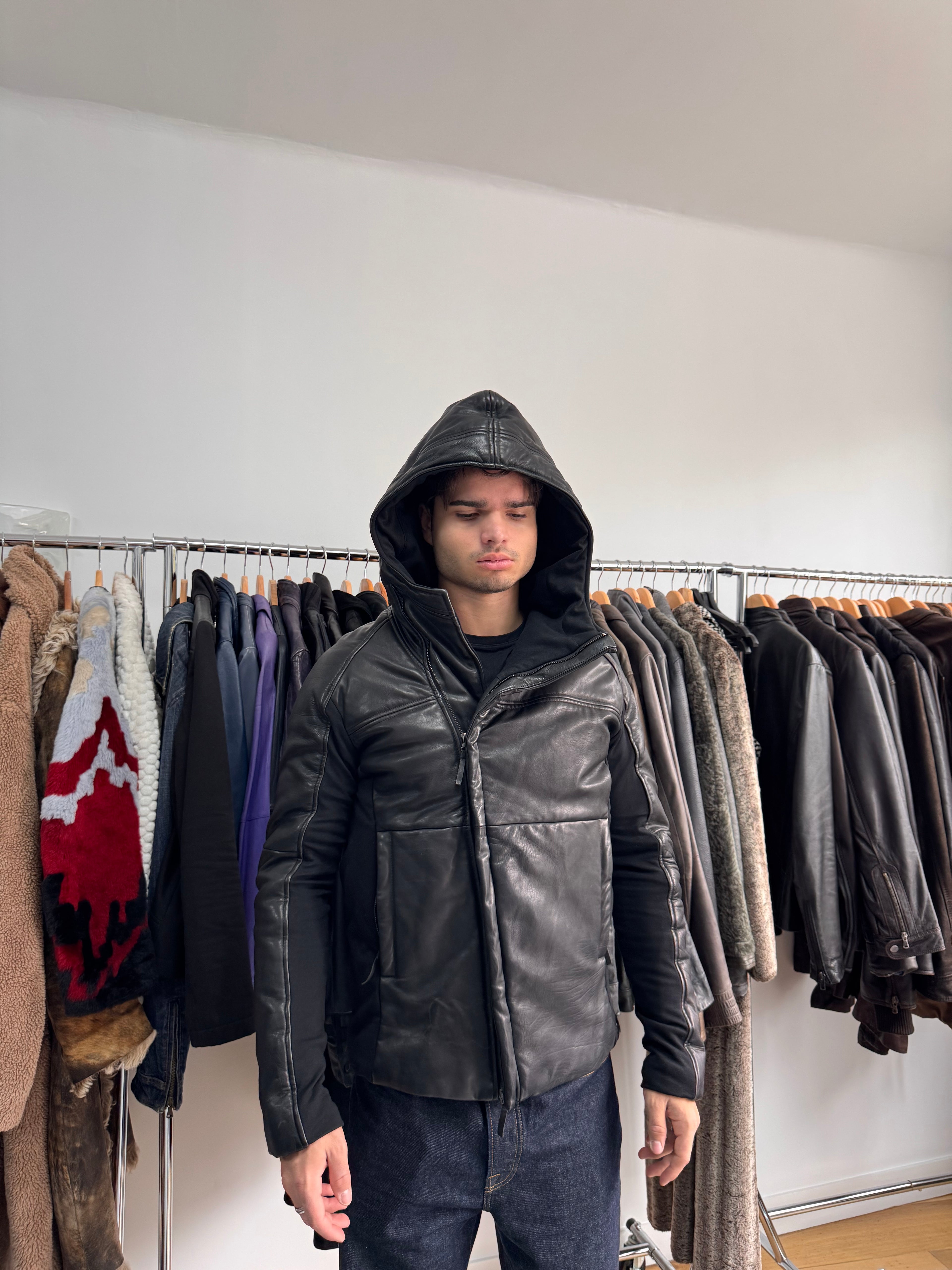 FW2012 Emporio Armani Ninja Asymmetrical Leather Hooded Coat