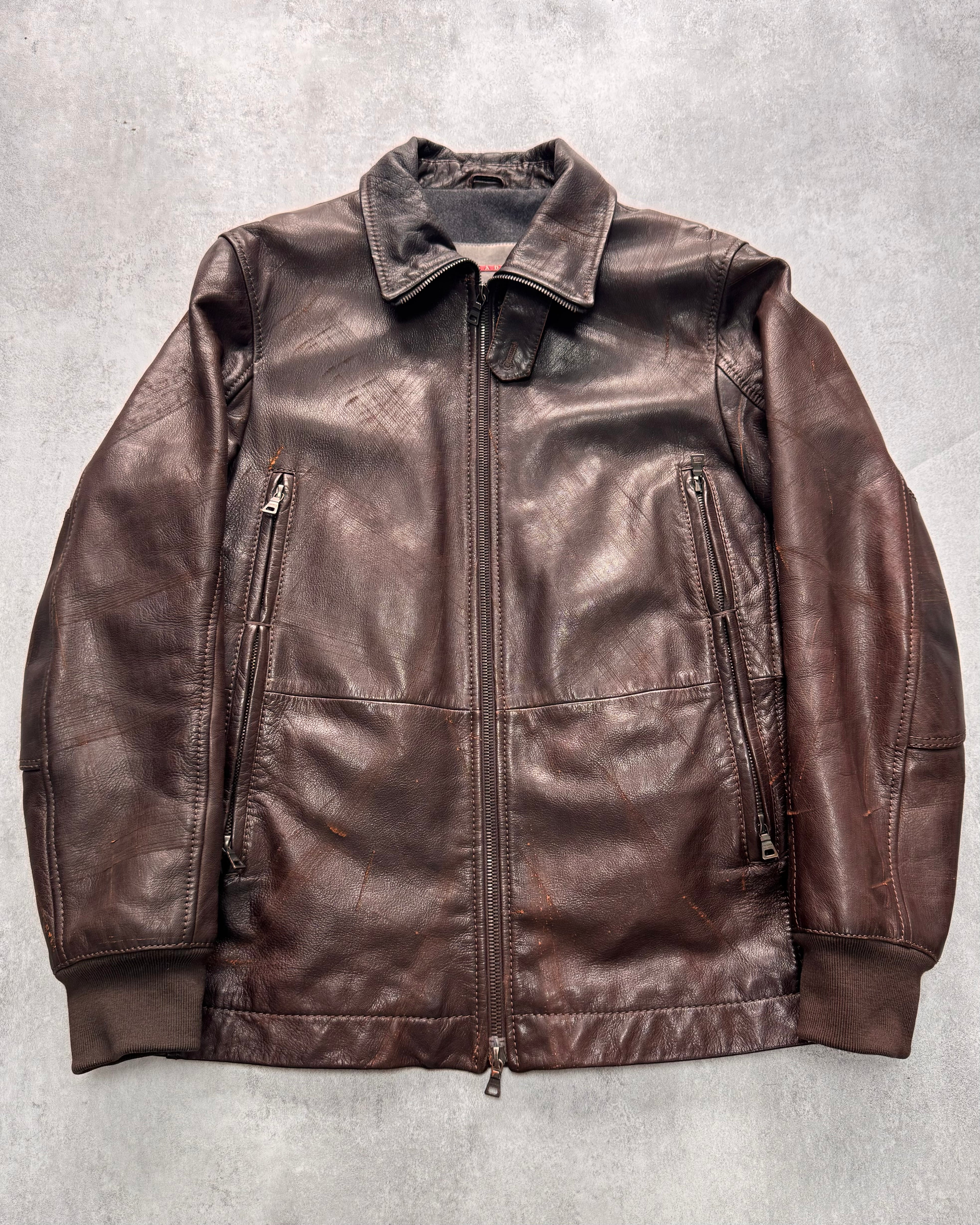 2000s Prada Scarred Heavy Leather Jacket