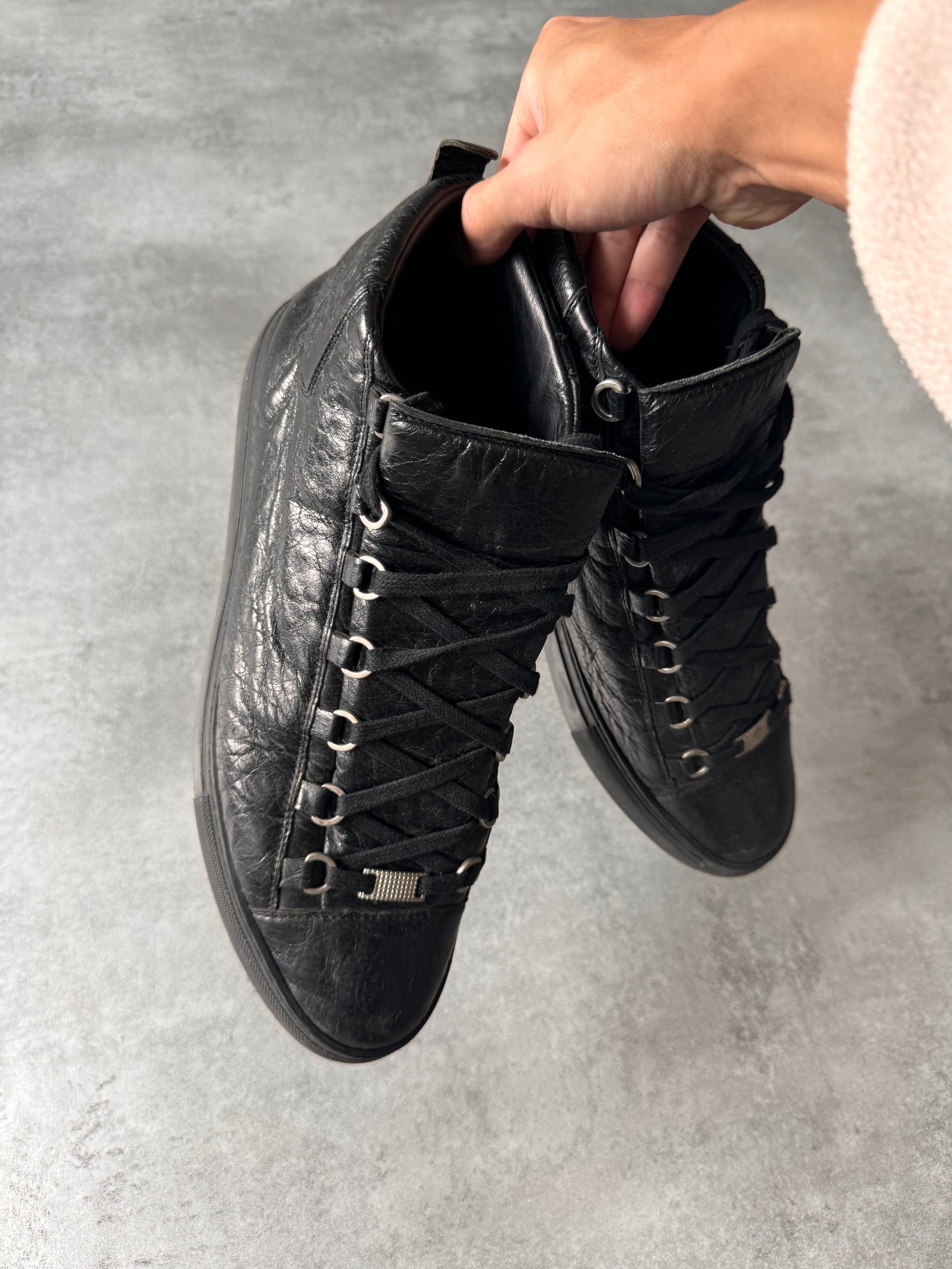 Balenciaga Arena High Black Cracked Leather Sneakers (45eu/us11)