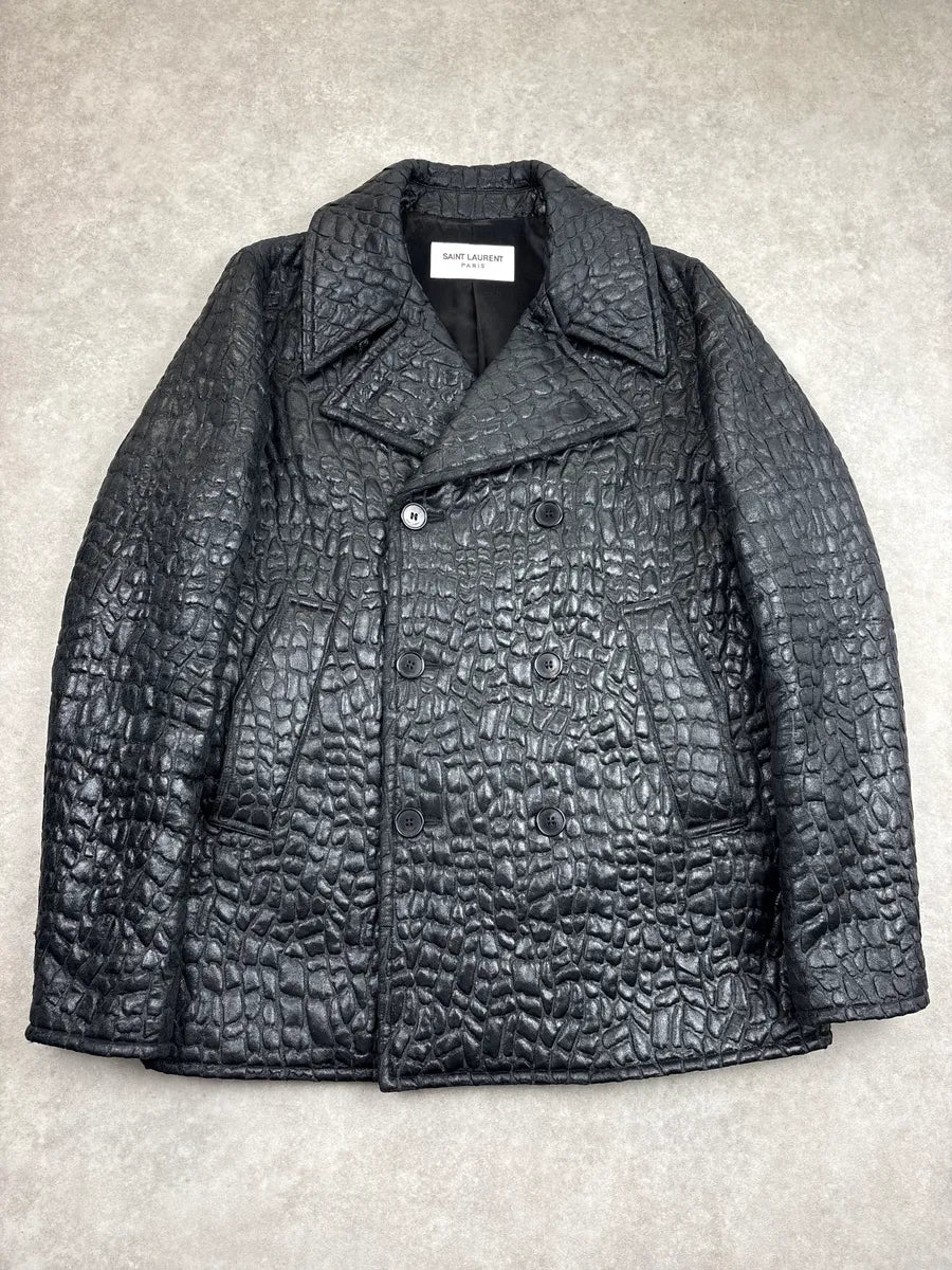 FW2019 Saint Laurent Black Crocodile Embossed Leather Double-Breasted Jacket CDZqrFmt 0