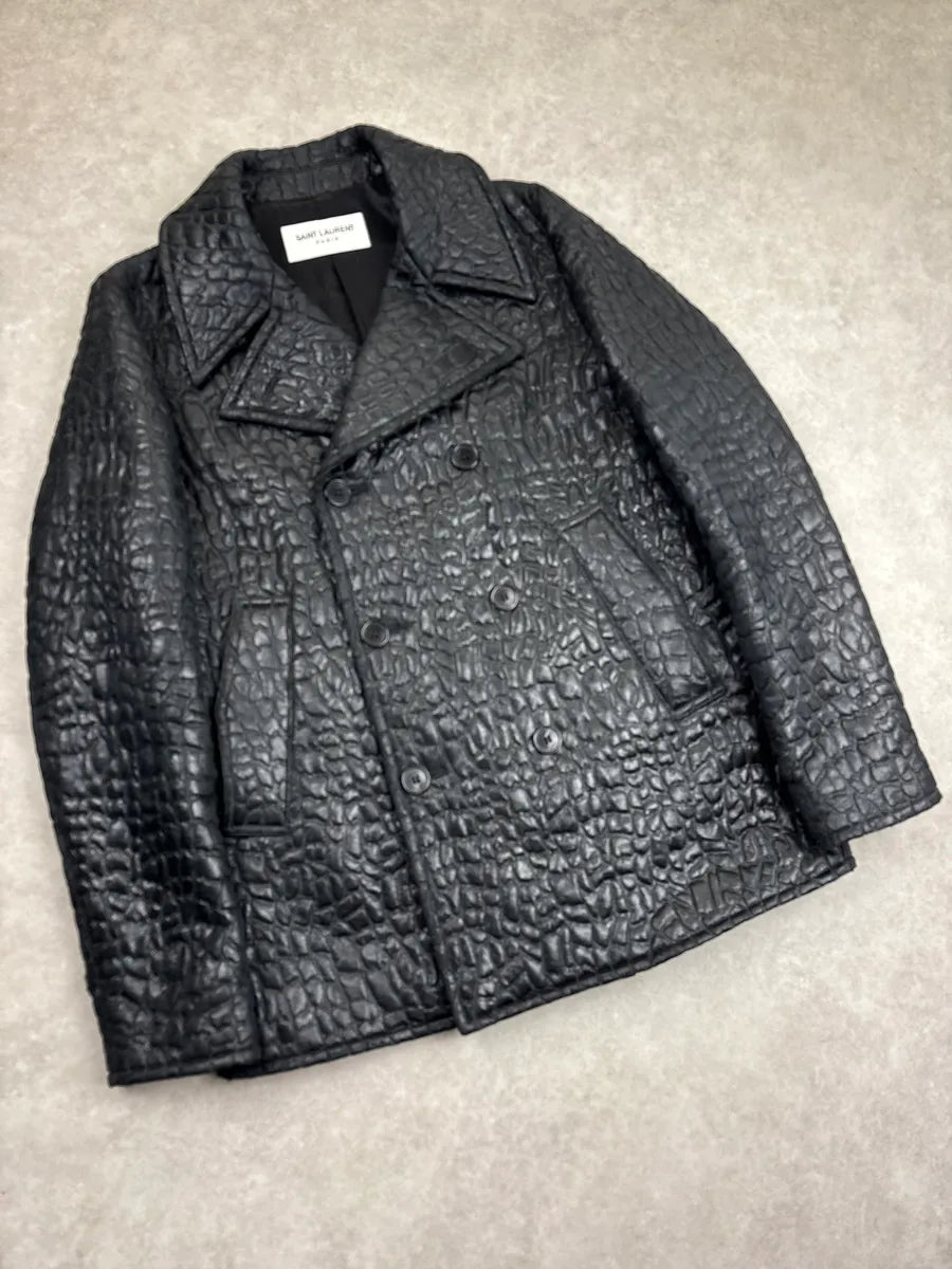 FW2019 Saint Laurent Black Crocodile Embossed Leather Double-Breasted Jacket CDZqrFmt 3