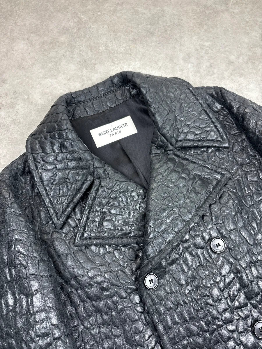 FW2019 Saint Laurent Black Crocodile Embossed Leather Double-Breasted Jacket CDZqrFmt 5