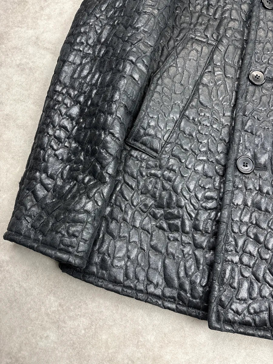 FW2019 Saint Laurent Black Crocodile Embossed Leather Double-Breasted Jacket CDZqrFmt 8