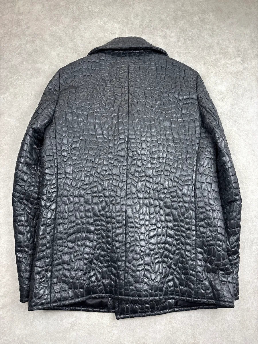 FW2019 Saint Laurent Black Crocodile Embossed Leather Double-Breasted Jacket CDZqrFmt 6