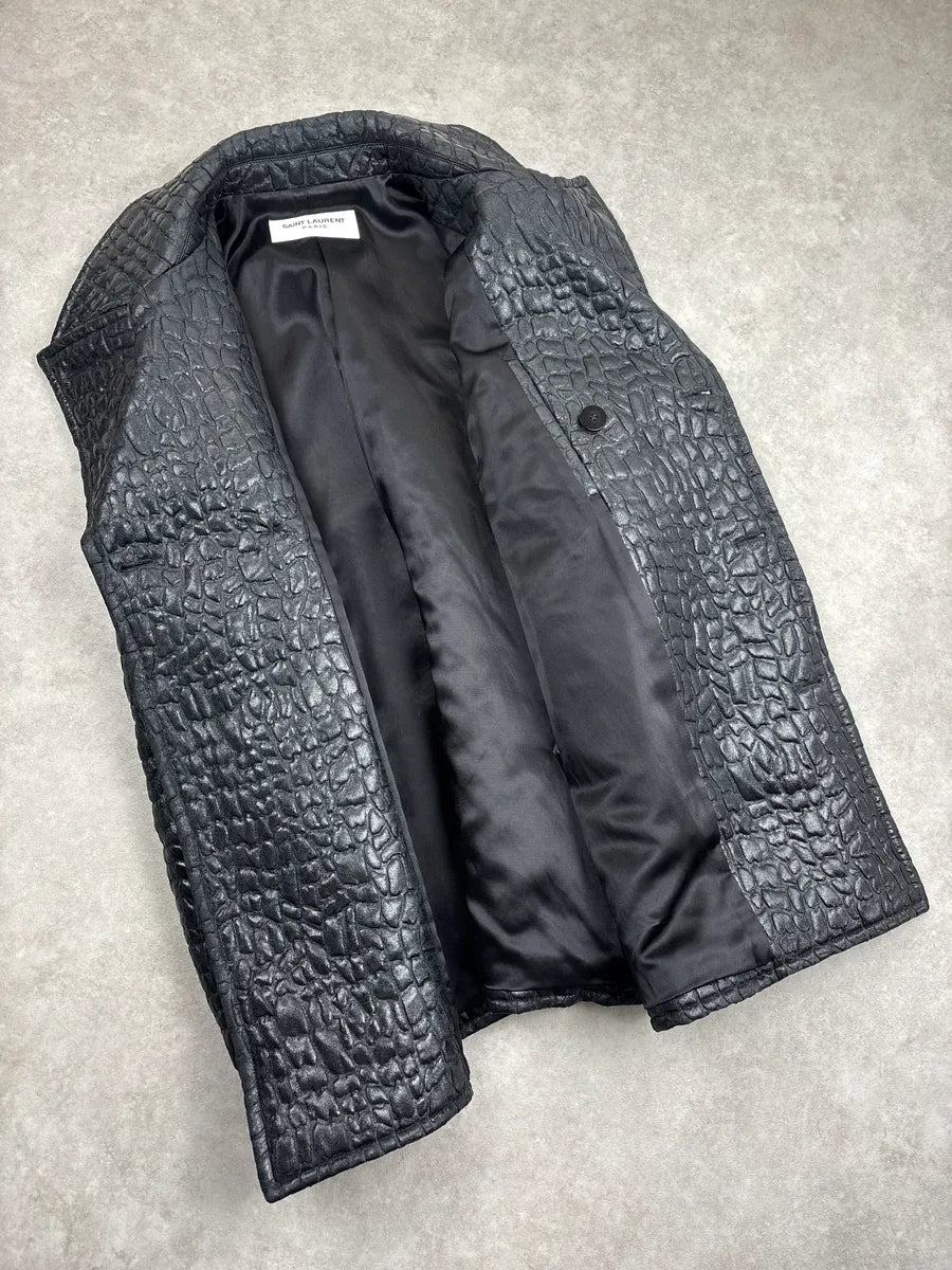 FW2019 Saint Laurent Black Crocodile Embossed Leather Double-Breasted Jacket CDZqrFmt 7