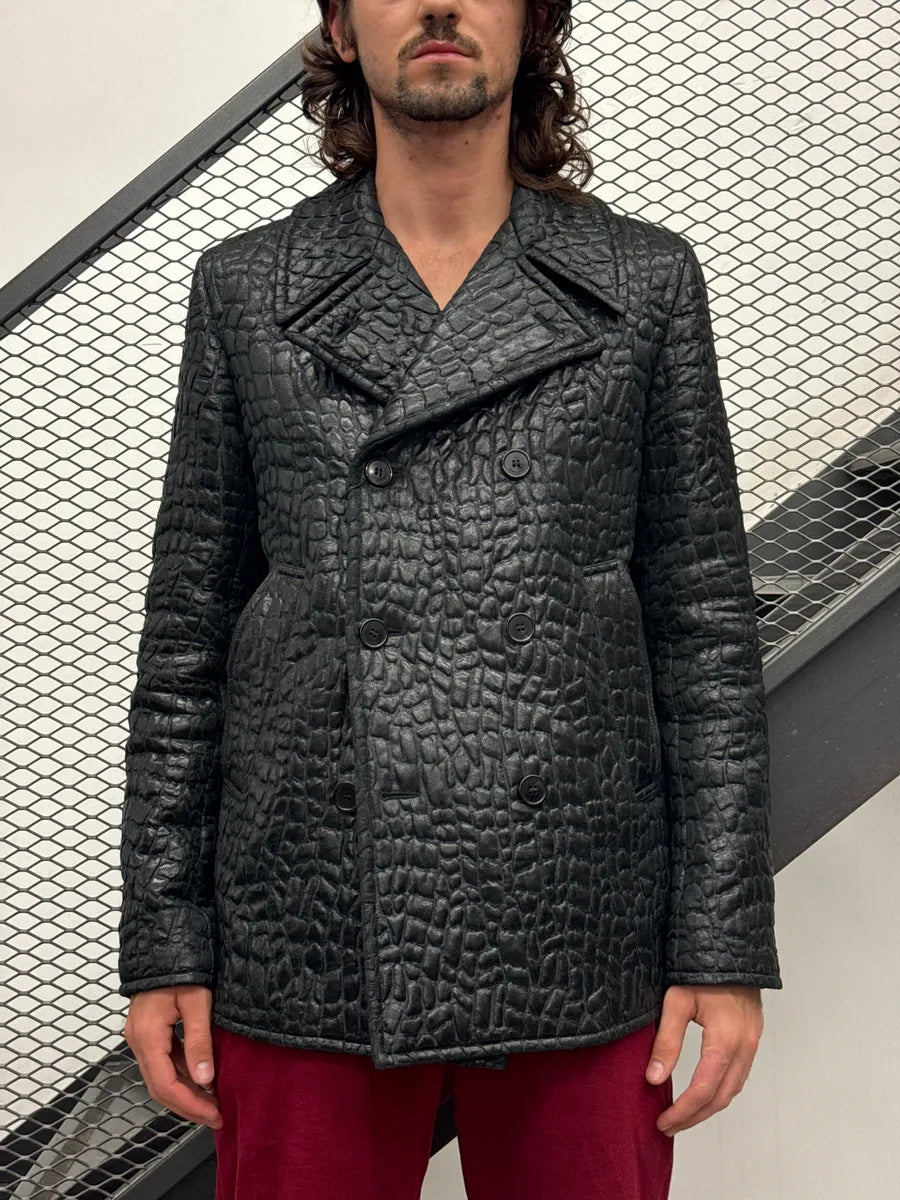 FW2019 Saint Laurent Black Crocodile Embossed Leather Double-Breasted Jacket CDZqrFmt 1