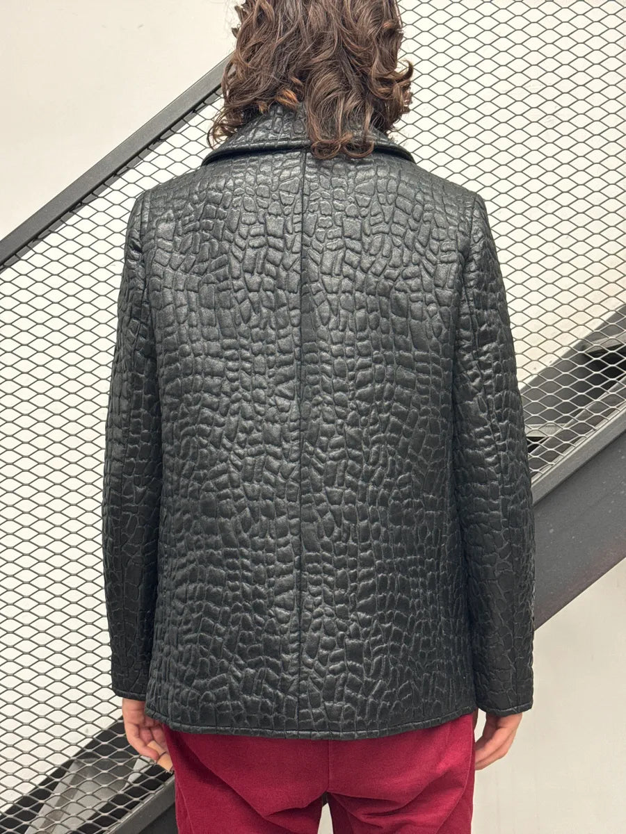 FW2019 Saint Laurent Black Crocodile Embossed Leather Double-Breasted Jacket CDZqrFmt 2