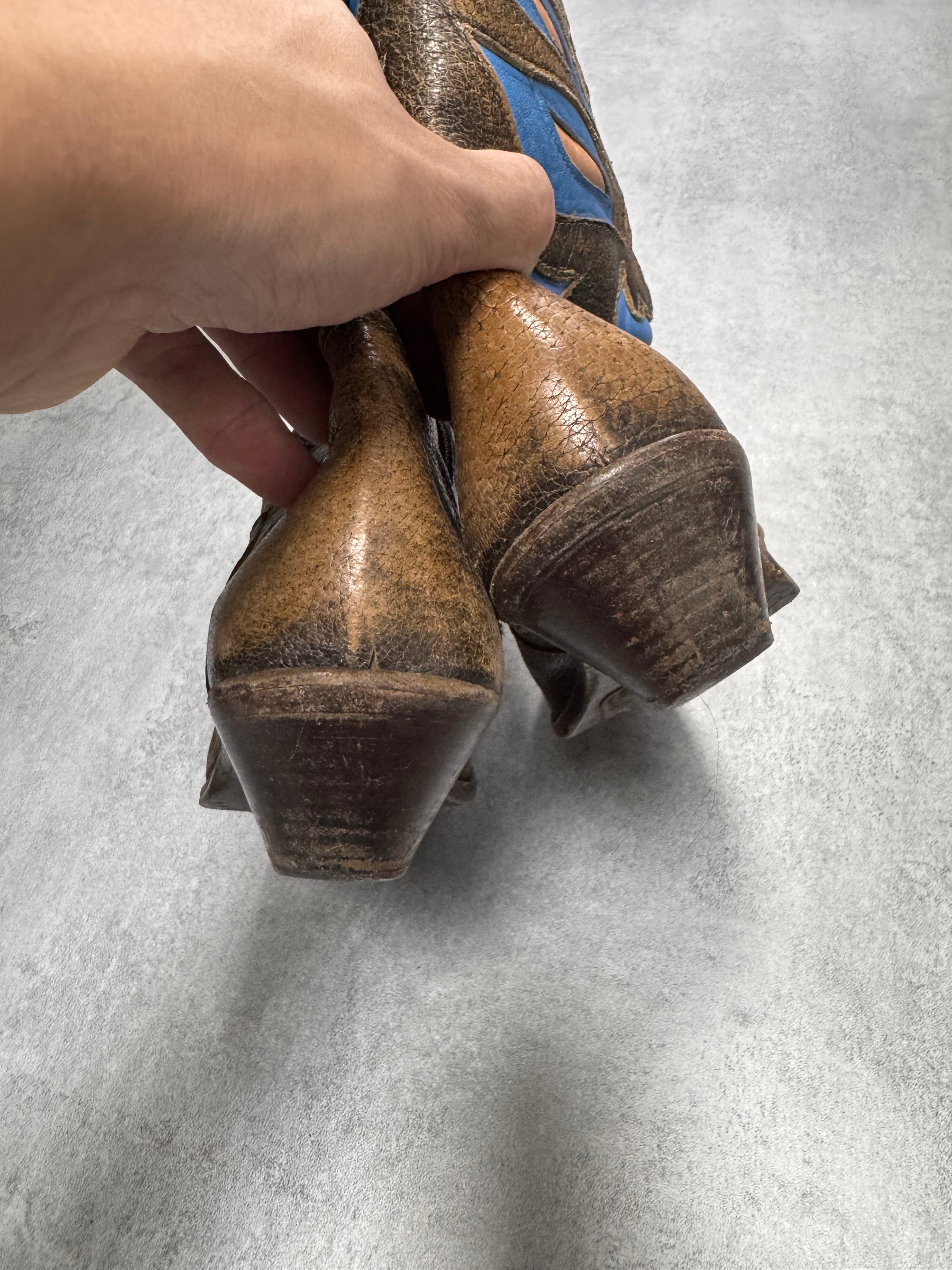 Roberto Cavalli Santiag Blue Fantasy Faded Leather Boots