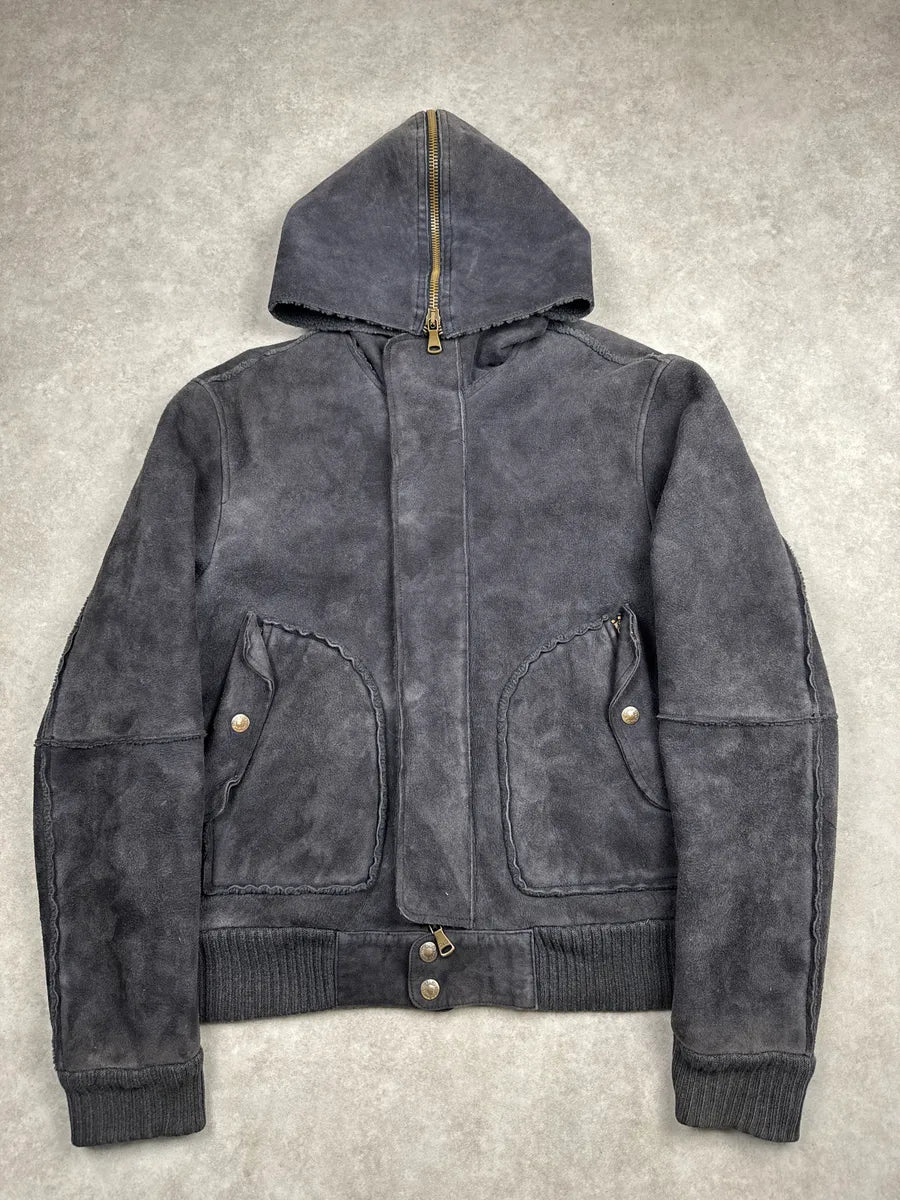 AW2003 Dolce & Gabbana Dark Grey Shearling Hooded Suede Leather Jacket CHqJQRXu 0