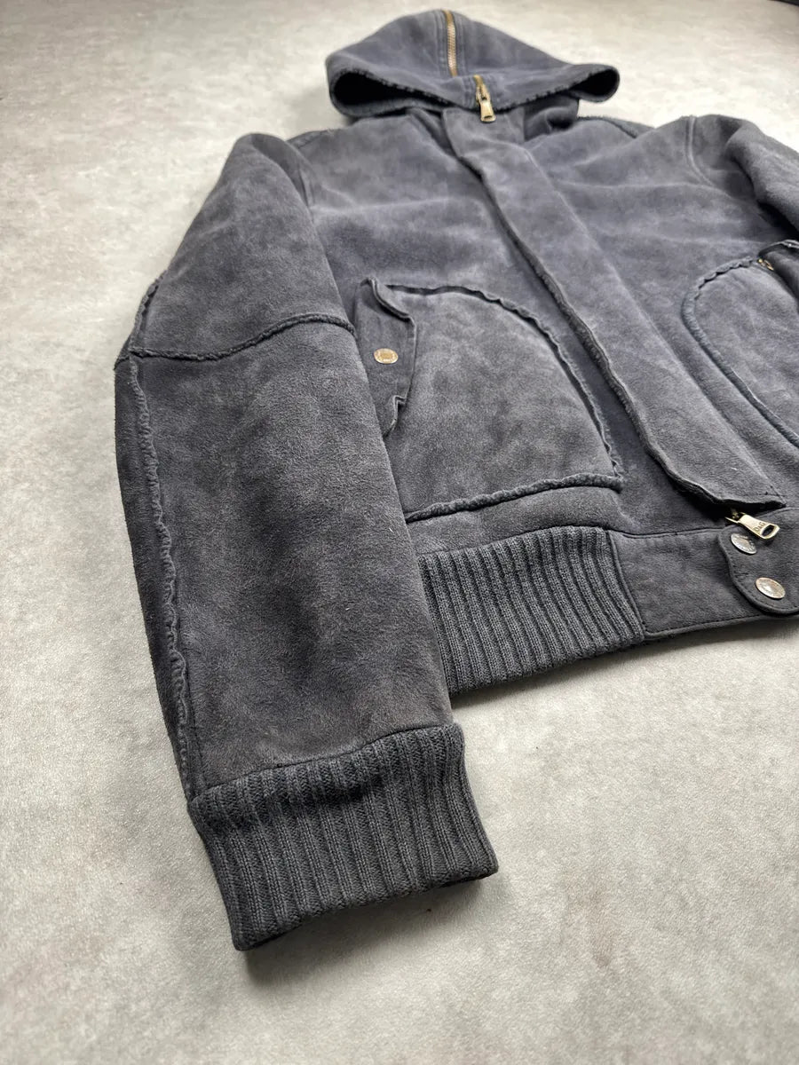 AW2003 Dolce & Gabbana Dark Grey Shearling Hooded Suede Leather Jacket CHqJQRXu 7