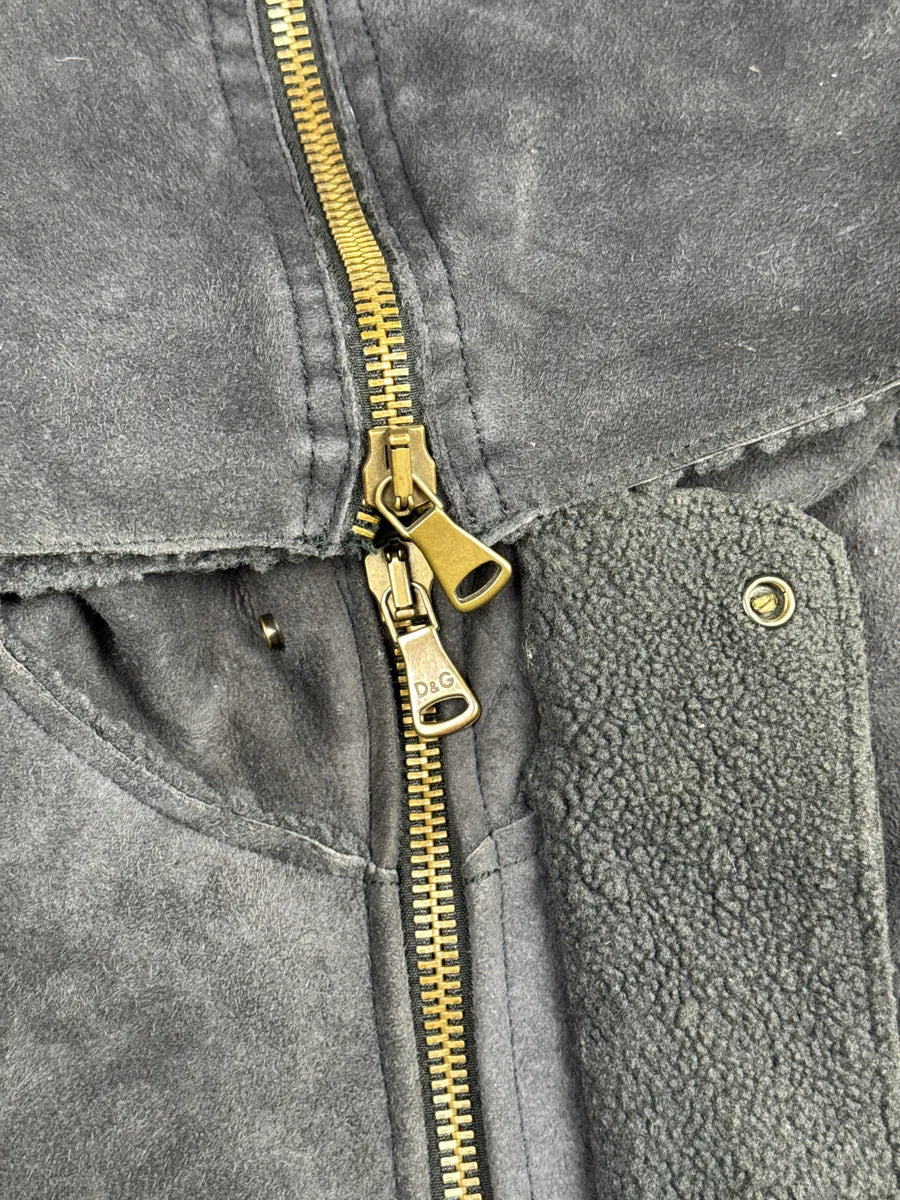 AW2003 Dolce & Gabbana Dark Grey Shearling Hooded Suede Leather Jacket CHqJQRXu 9