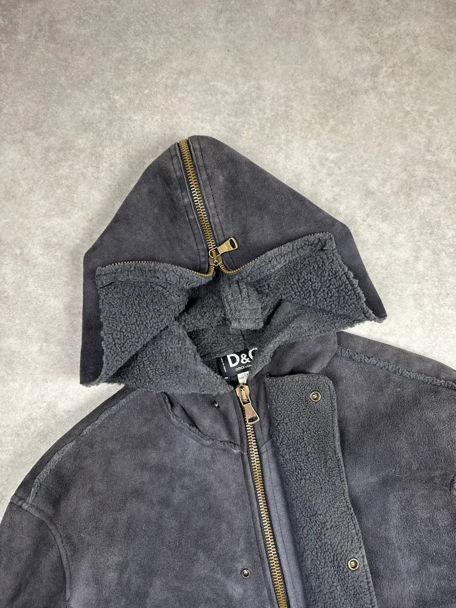 AW2003 Dolce & Gabbana Dark Grey Shearling Hooded Suede Leather Jacket CHqJQRXu 10