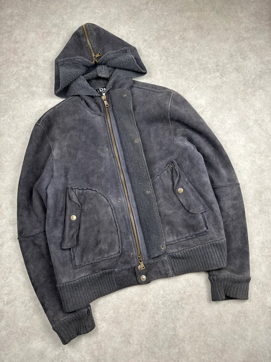 AW2003 Dolce & Gabbana Dark Grey Shearling Hooded Suede Leather Jacket CHqJQRXu 4