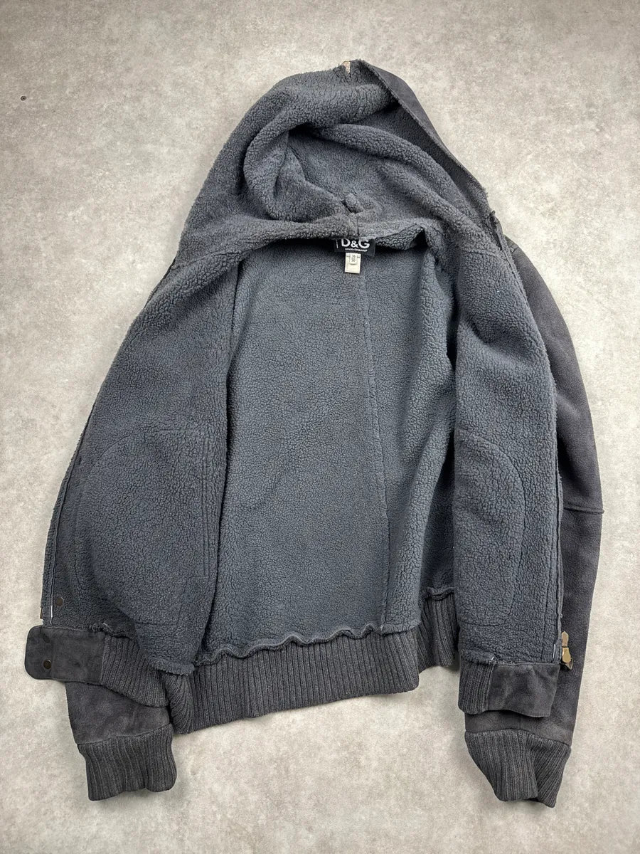 AW2003 Dolce & Gabbana Dark Grey Shearling Hooded Suede Leather Jacket CHqJQRXu 6