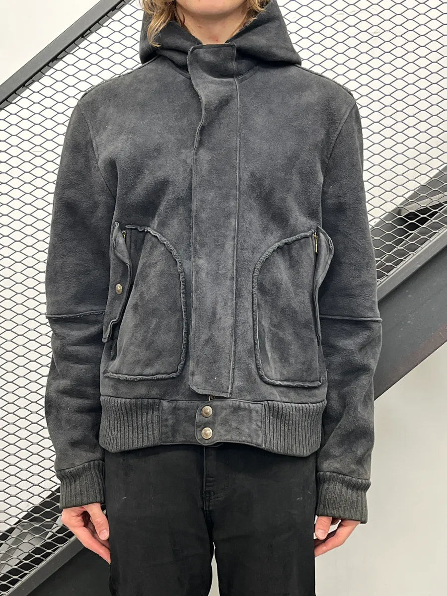 AW2003 Dolce & Gabbana Dark Grey Shearling Hooded Suede Leather Jacket CHqJQRXu 1