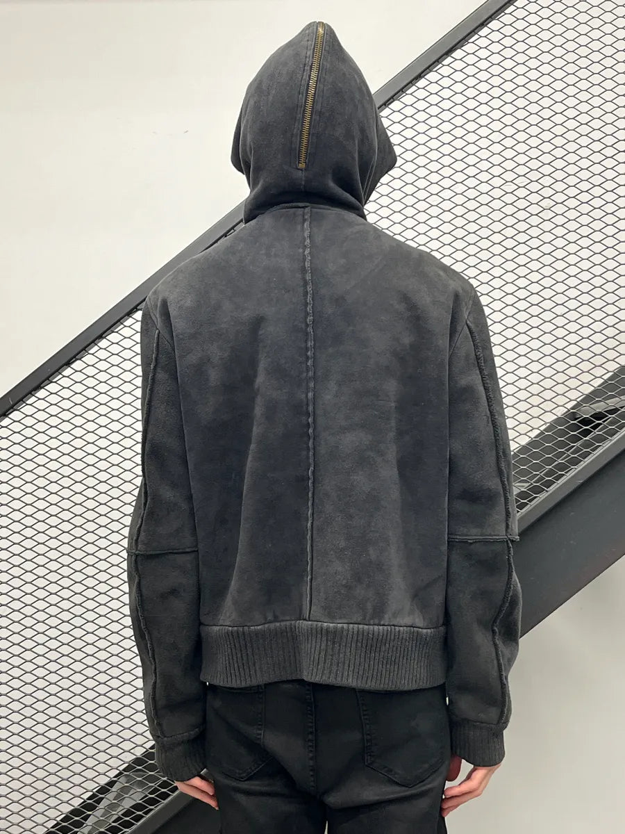 AW2003 Dolce & Gabbana Dark Grey Shearling Hooded Suede Leather Jacket CHqJQRXu 2