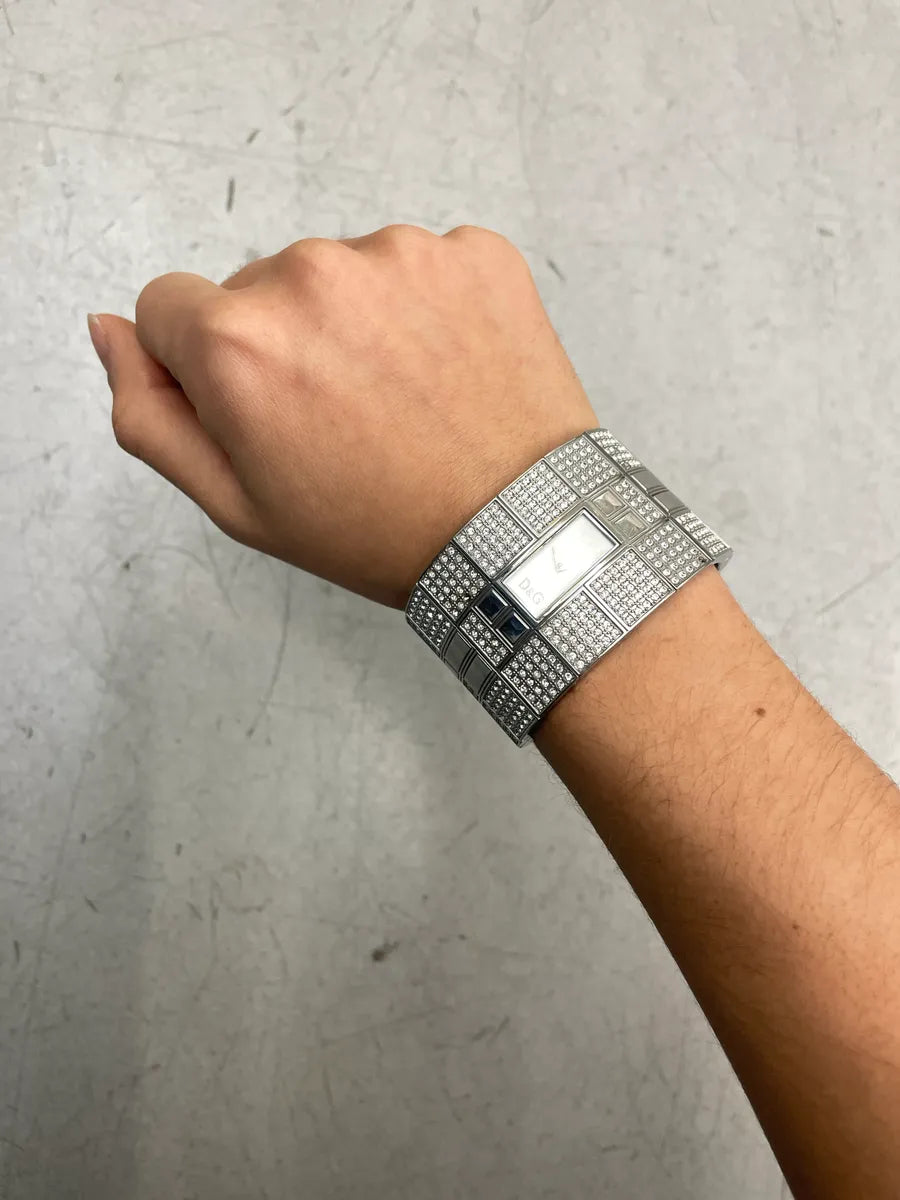 2000s Dolce & Gabbana Silver Stainless Steel Pavé Crystal Geometric Bracelet Watch CJgAhscN 2