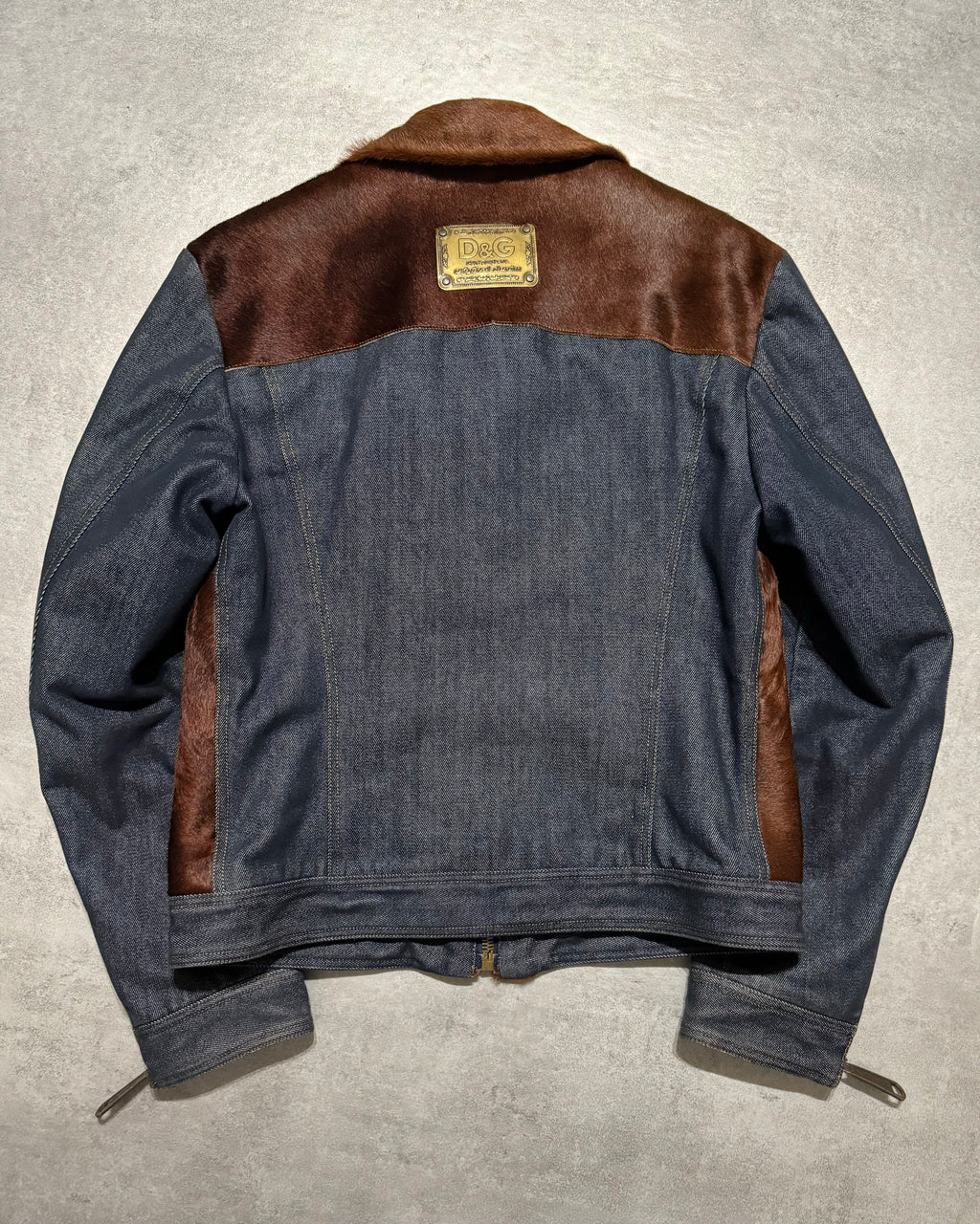 FW2005 Dolce & Gabbana Pony Hair Brown Denim Structured Biker Jacket (L) - 3