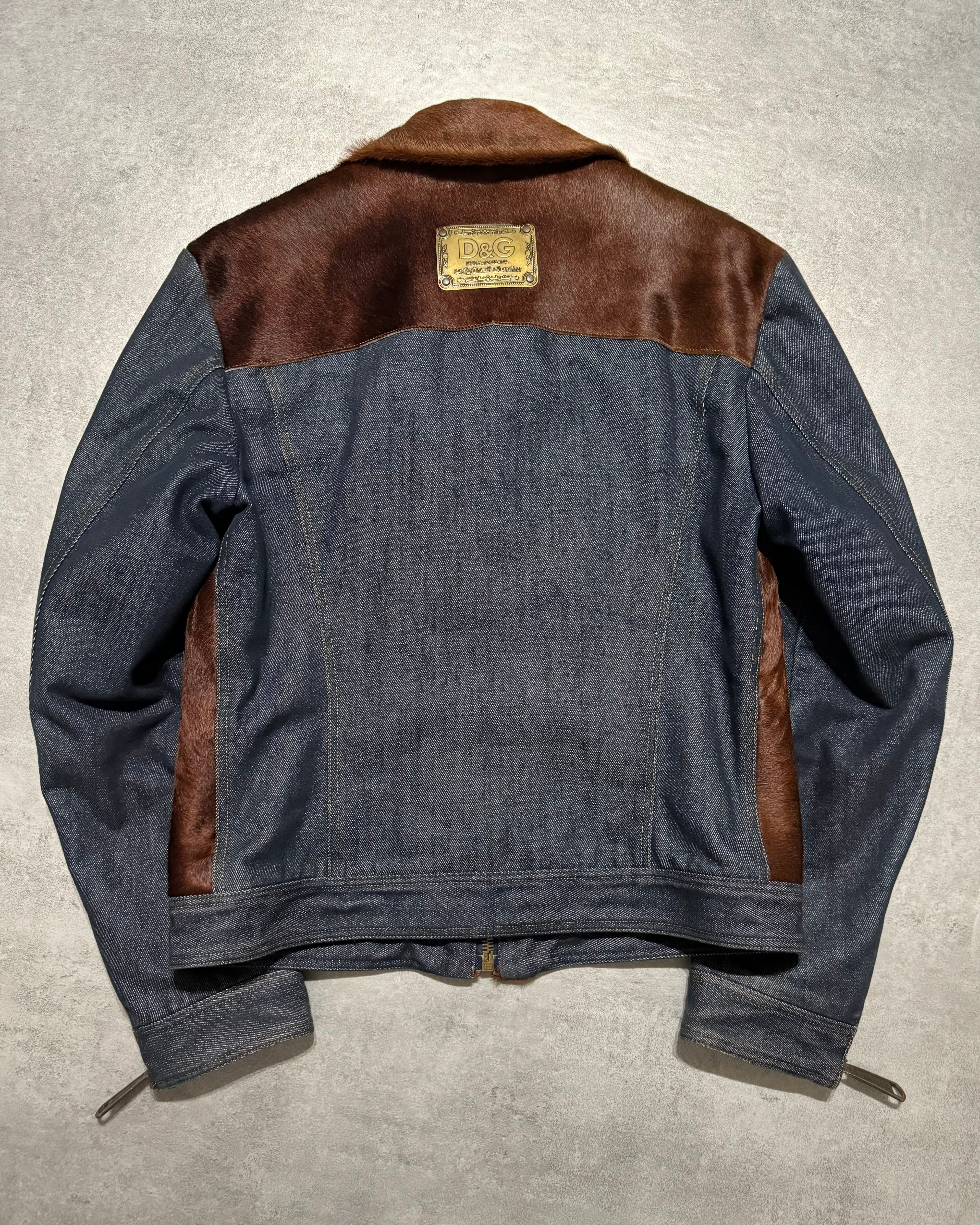 FW2005 Dolce & Gabbana Pony Hair Brown Denim Structured Biker Jacket (L) - 3