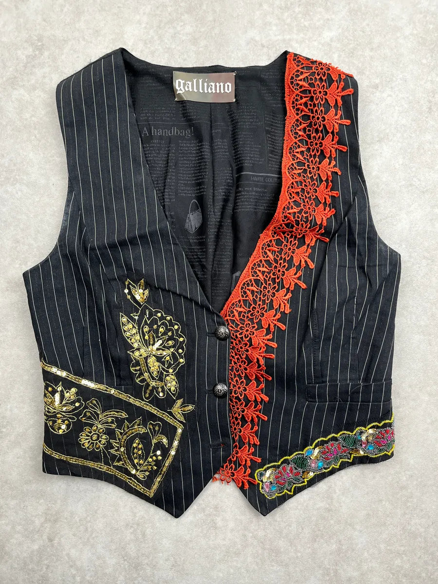 SS2008 Galliano Black Gold Floral Embroidered Vest CKaoTQGv 0