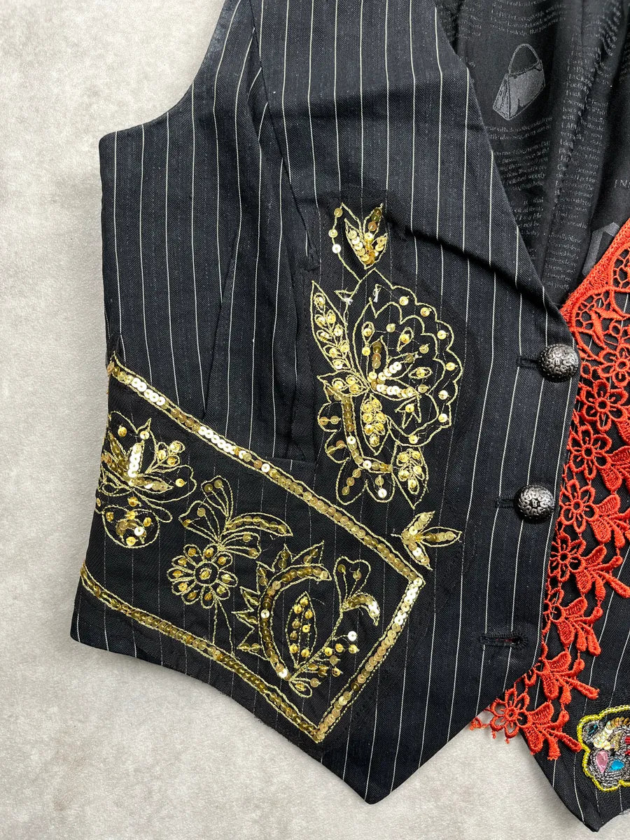 SS2008 Galliano Black Gold Floral Embroidered Vest CKaoTQGv 5