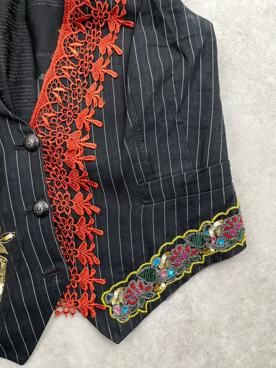 SS2008 Galliano Black Gold Floral Embroidered Vest CKaoTQGv 6
