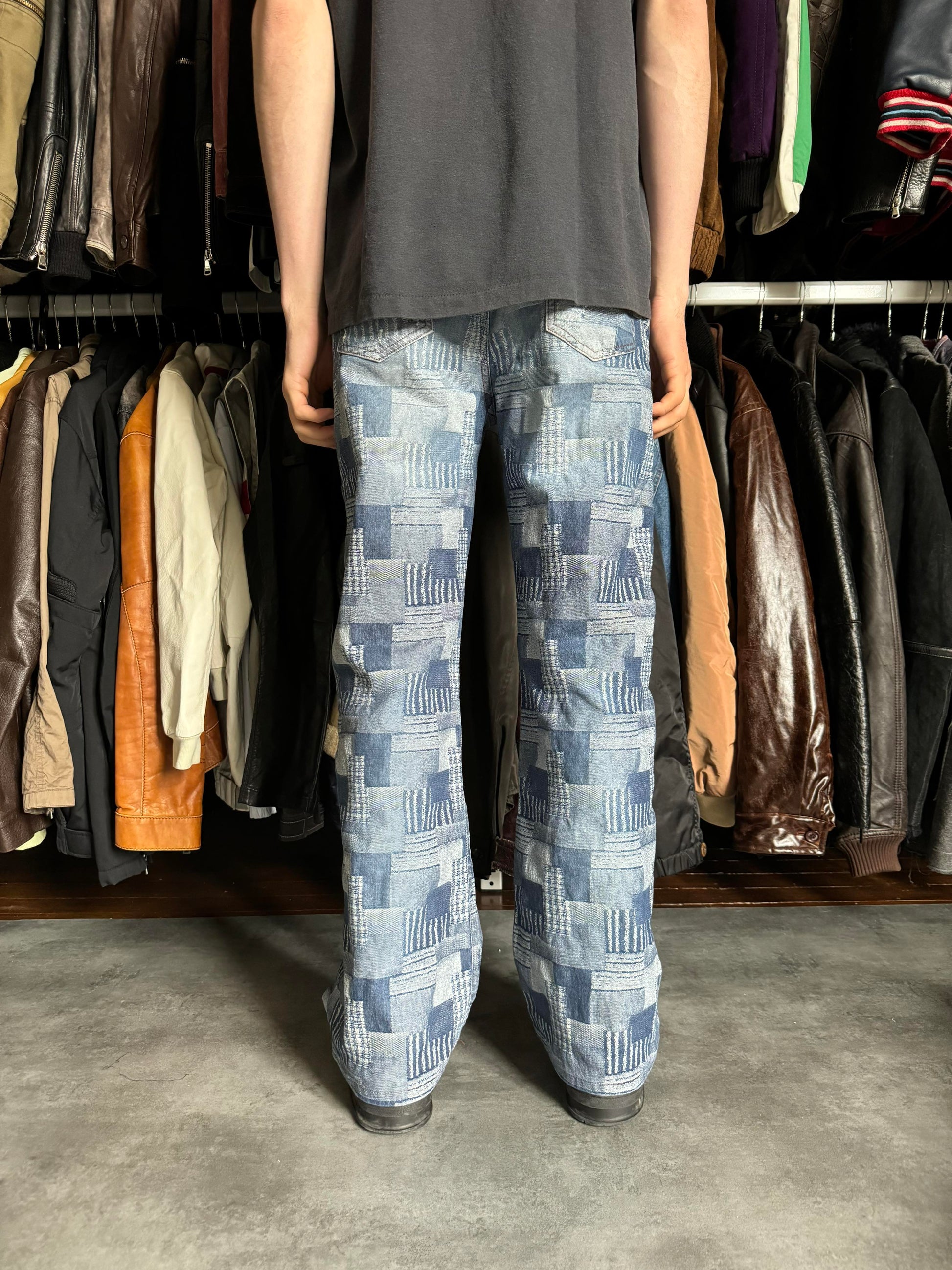 2000s Moschino Visual Patchwork Blue Straight Relaxed Pants (S) - 3