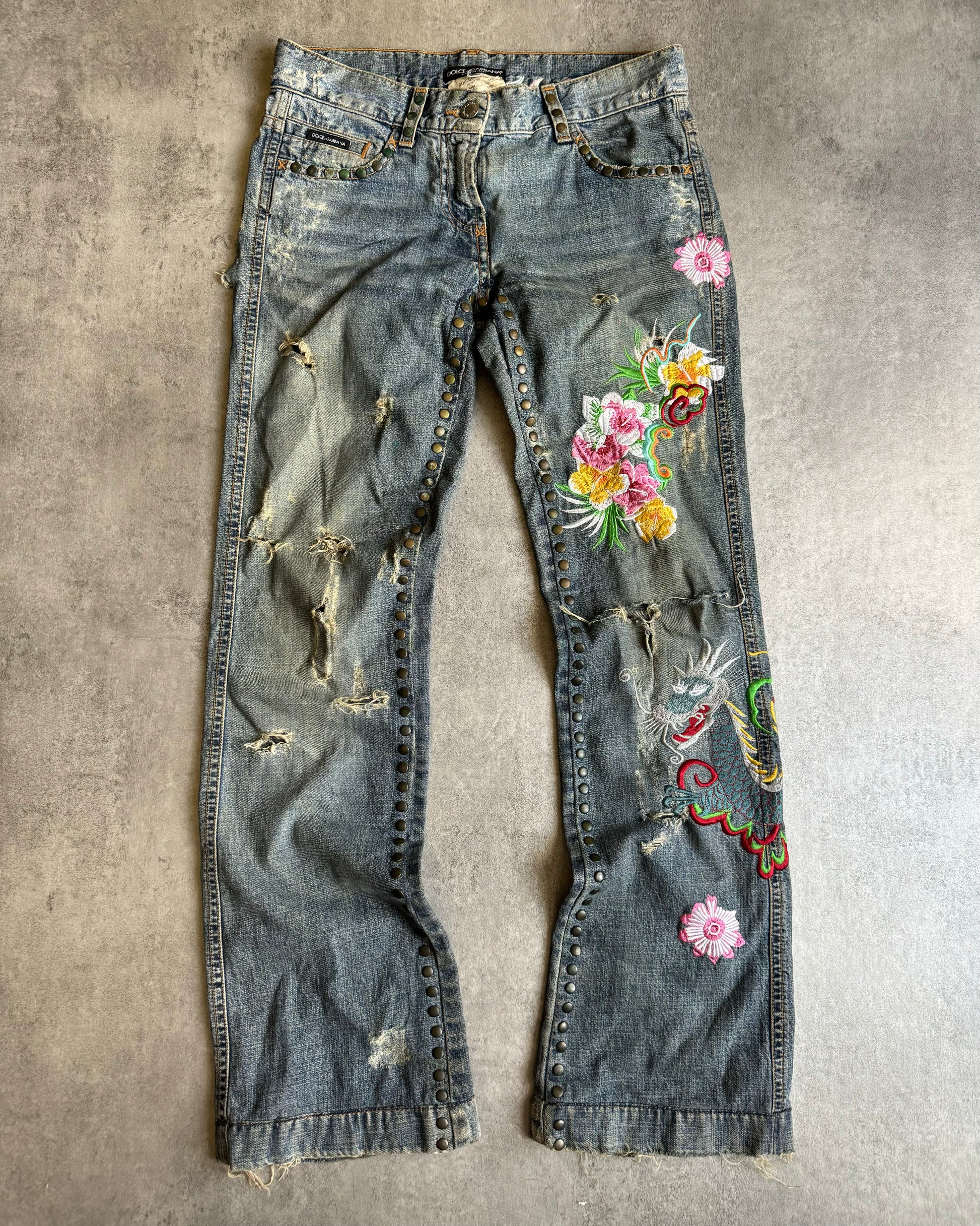 SS2006 Dolce & Gabbana Embroidered Distressed Denim Jeans  (XS/S) - 1